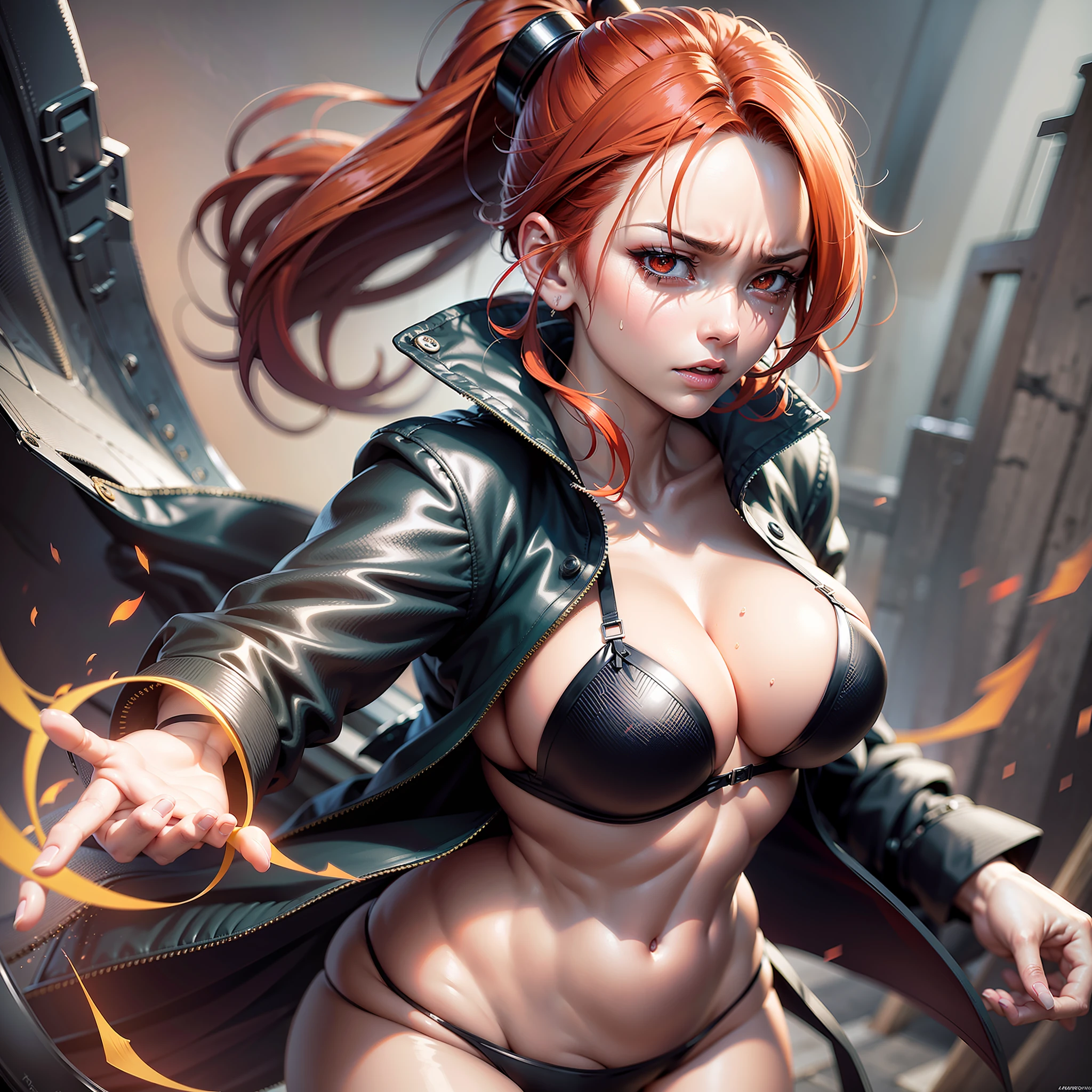 1 Mature anime style woman, wearing an open overcoat with a bikini underneath, large breasts, full breasts, thick thighs, wide hips, thin waist, red hair, long hair, short hair, hair two sides up, low ponytail, devil's pupils, orange eyes, gradient eyes, angry, crying, high detail, concept art, anime, pop art, action painting, anime style, cinematic lighting, depth of field, ray tracing, reflection light, backlighting, mixing, chromatic aberration abuse, close-up, UHD, retina, masterpiece, anatomically correct, textured skin, super detail, high detail, high quality, award-winning, best quality, highres, 8k