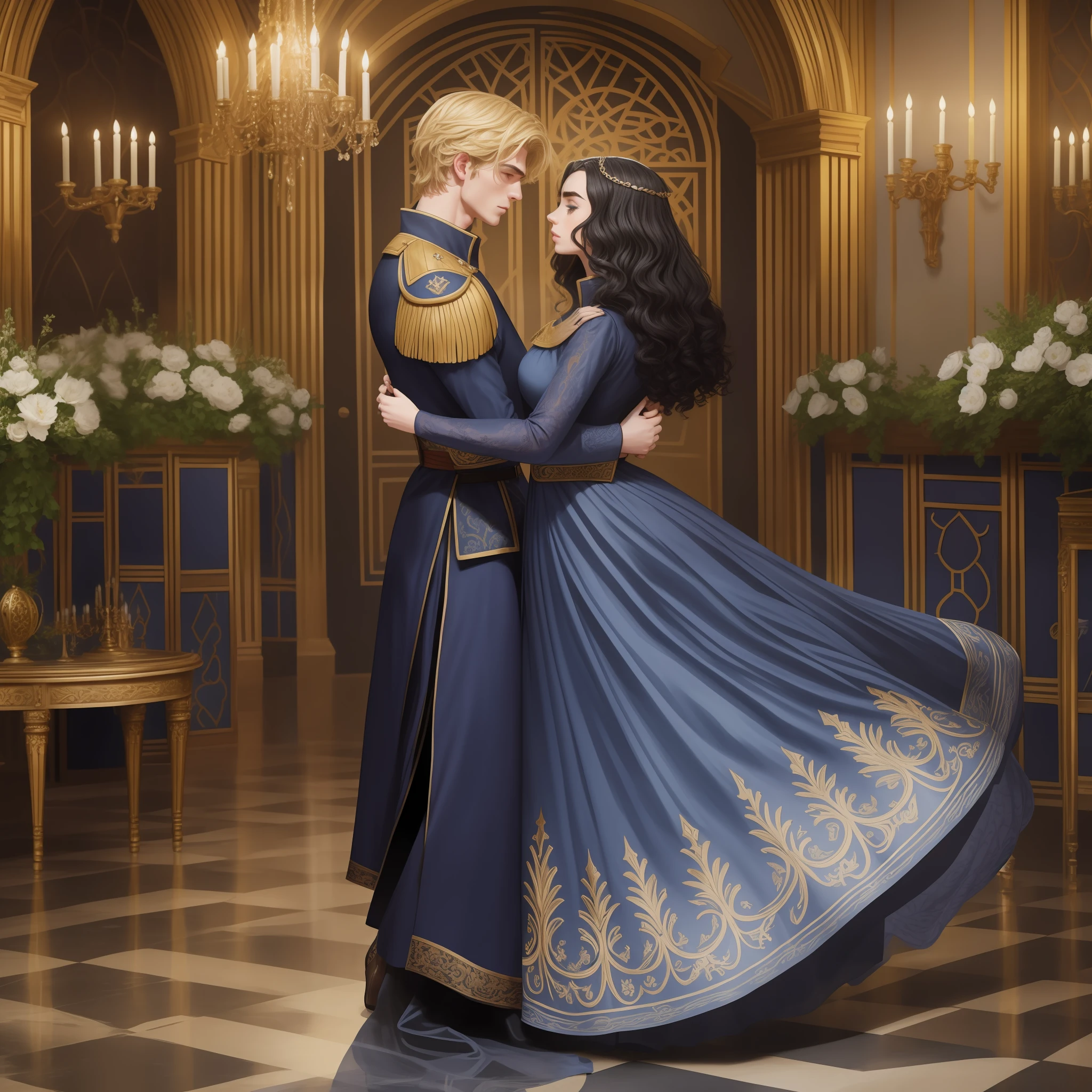 Lily Collins, who has curly black hair, wears a navy blue medieval dress. the Neels Visser wears a medieval military outfit and has blonde hair. The couple is waltzing in the ballroom. The illustration is like a book cover with a detailed, bright, illuminated, ultra detailed, conceptual art, elegant background