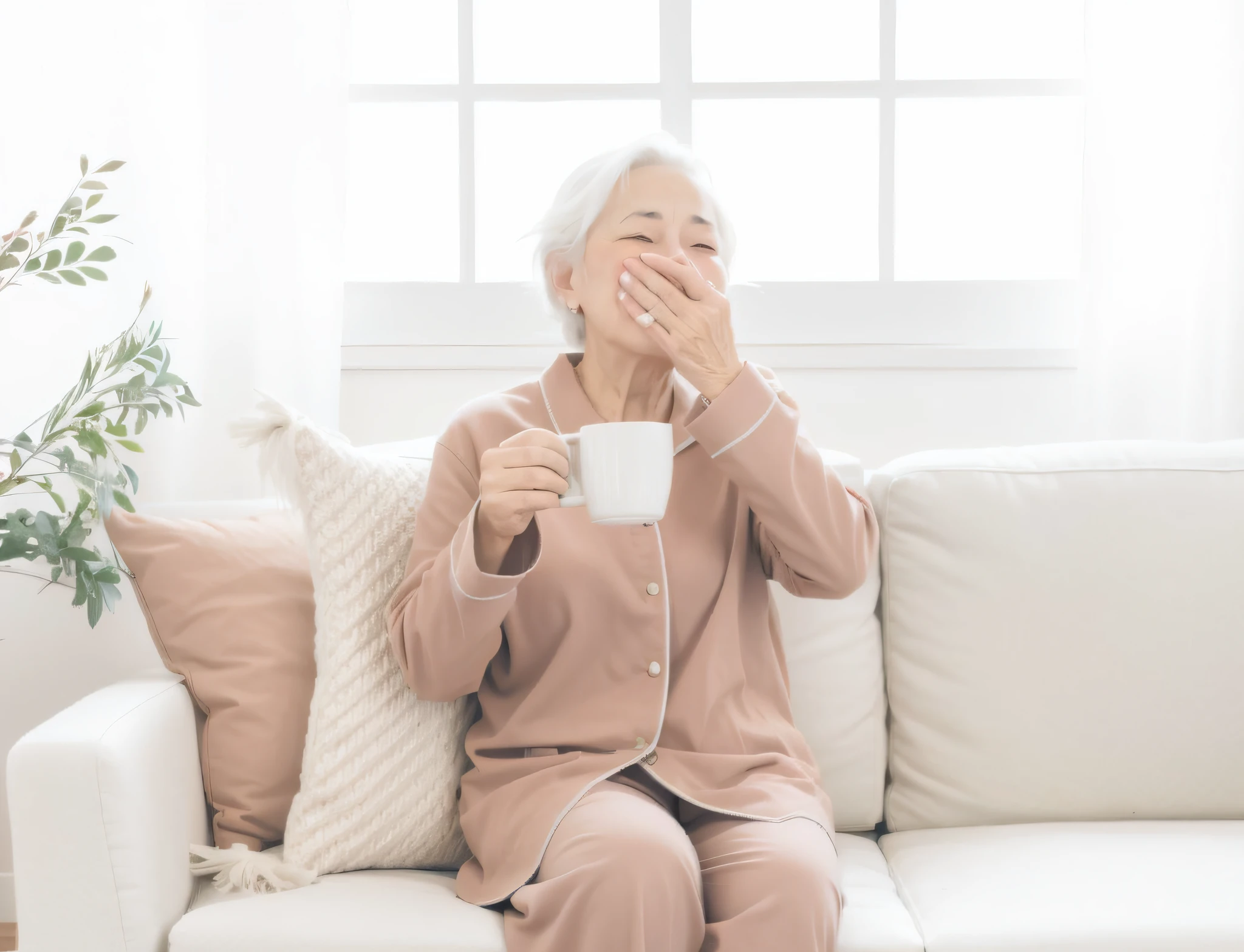 Woman sitting on sofa with cup, old woman screaming and laughing, woman drinking coffee, woman yawning, morning time, morning coffee, late morning, drinking a cup of coffee, good morning, old woman, smell of coffee, cough, drinking tea, morning atmosphere, old woman, morning mood, drinking coffee, drinking coffee, frailty, granny, anime style, ghibli style