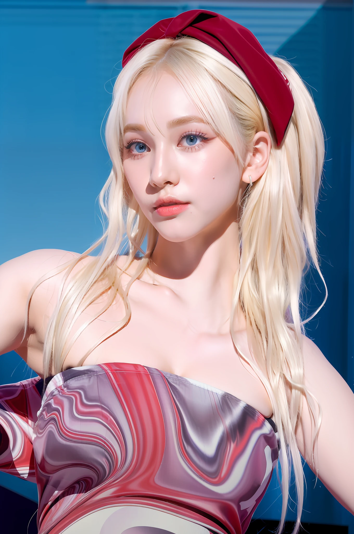 (8k, 4k, best quality, highres, ultra high res:1.1), (masterpiece, realistic, photo-realistic:1.1), 1girl, face, close-up, twintails, blonde hair, blue eyes, red lips, wearing red floral hijab , wearing red floral headscarf, (looking at viewer:2), absurdly long hair, long eyelashes, eyeshadow, small face, big eyes,
bare shoulders,
high contrast,