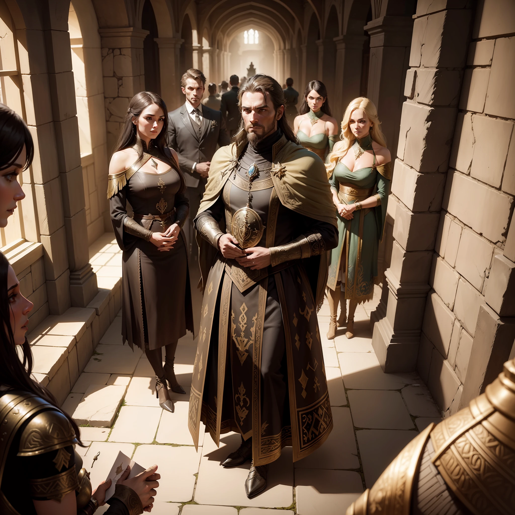 A closeup of a group of people standing in a room, all elegant RPG scene, ancient ruins of Skyrim's thieves' guild, entrance to an ancient dungeon, detailed textures and lighting