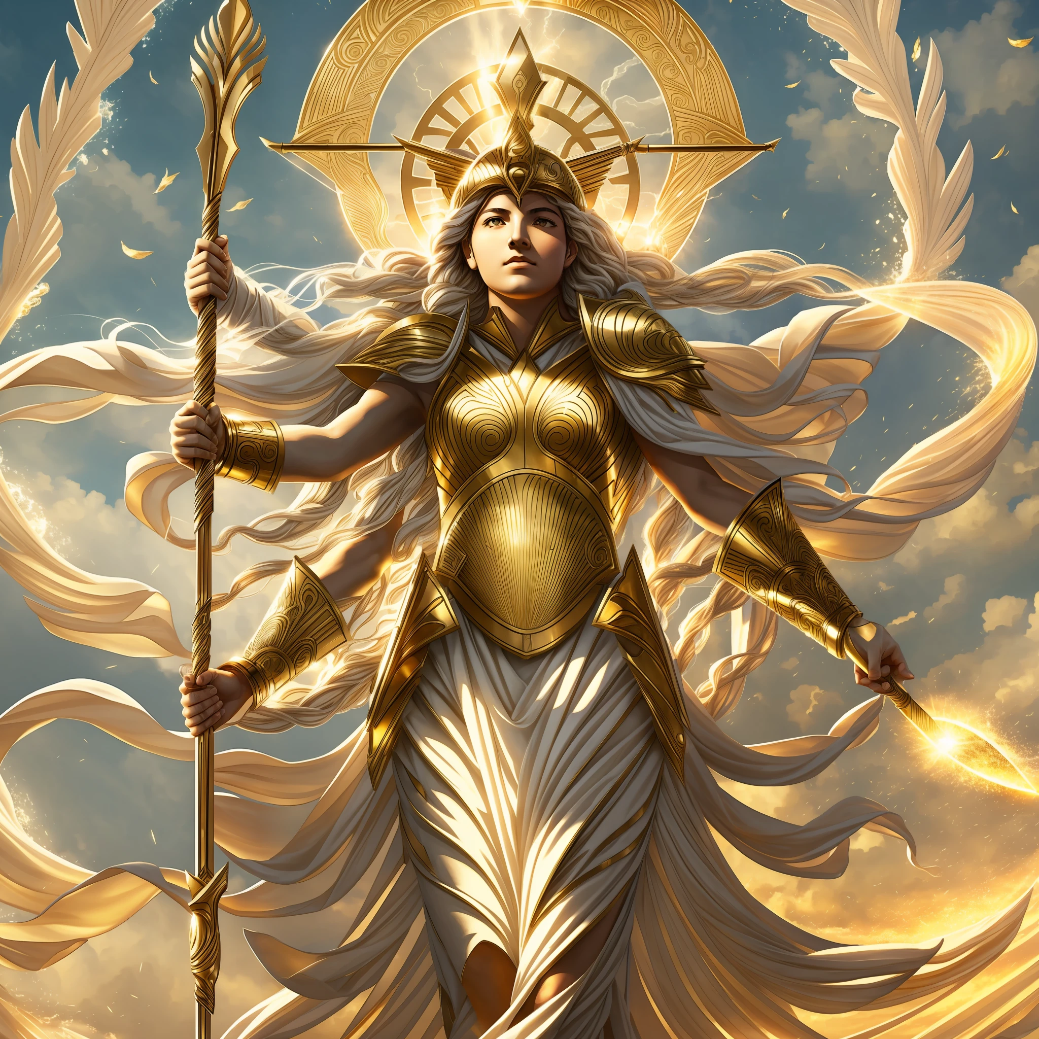 ultra-detailed CG unit 8k wallpaper, masterpiece, best quality), better lighting, better shadow, (long curly hair), floating, (God athena: 1.1), high resolution, dynamic angle, pose looking forward, would be seductive, (war scene) (war) (devastated), white robes, golden sandals, (Olympus), (sentanda, throne made of , (fluid hair: 0.9), (Spear and shield) (in the hands), sky, low saturation,  vignette filter (Olympus: 1.2)