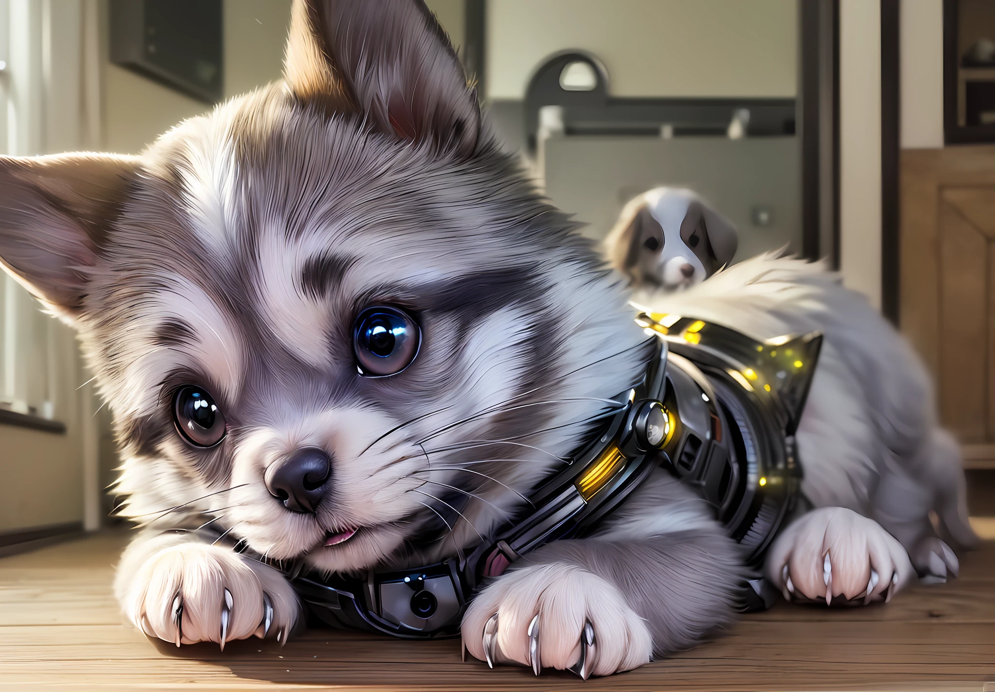 (extremely detailed CG unity 8k wallpaper,masterpiece, best quality, ultra-detailed),(cute and endearing, photorealistic),(puppy robot),(part puppy:1.4, part android),(adorable facial expression),(color palette: pastels),(puppy posture),(bright lighting),(metallic finish), in-depth detailing. --auto --s2