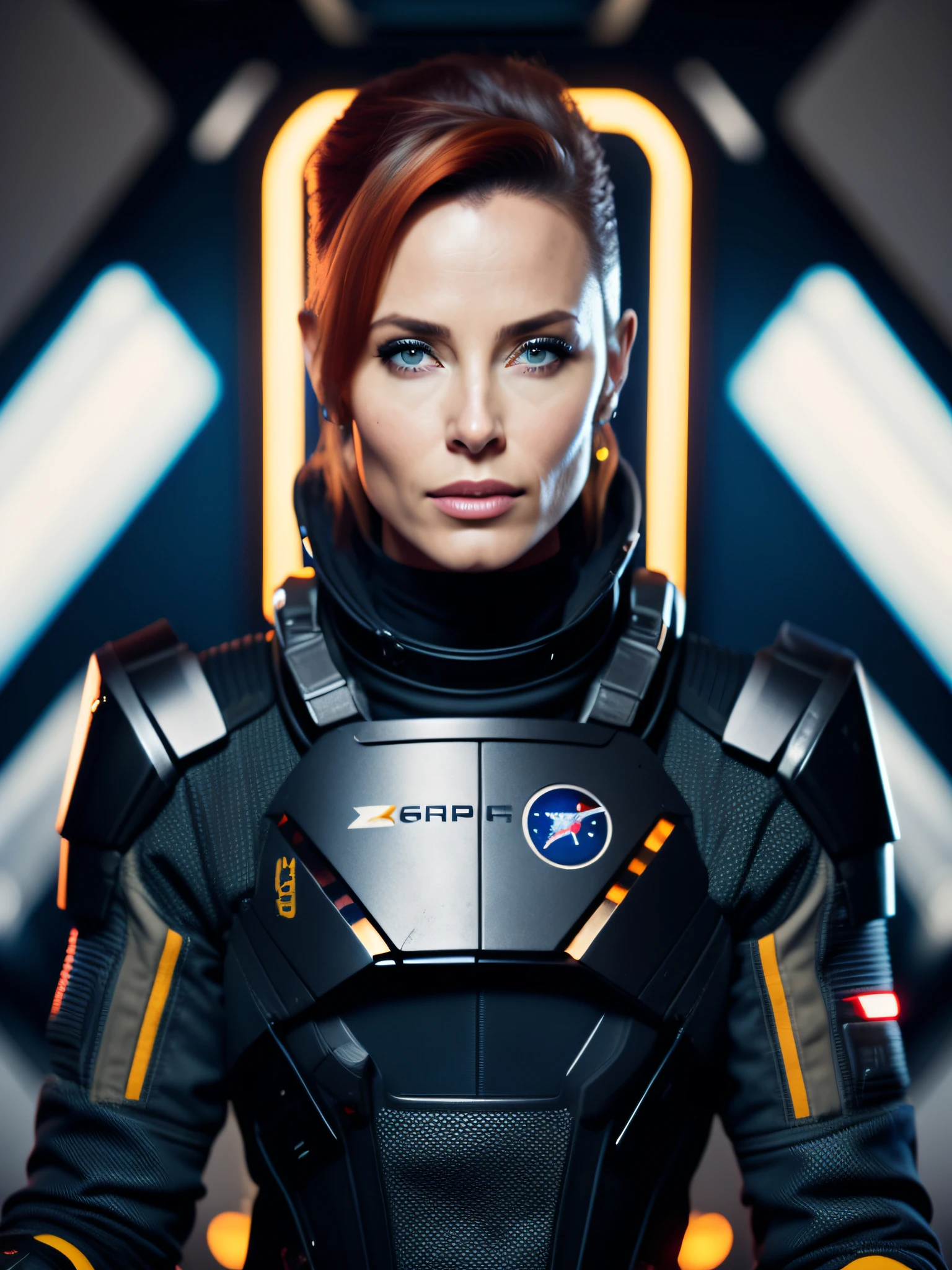 fking_scifi, award-winning photo of a man, award-winning photo of a woman, black flight suit with yellow details, man: brown hair (gray eyes: 1.35), Woman dark red hair (blue eyes: 1.35), square chin, face man: Neymar Jr, woman face: Angelina Jolie, sitting in control of a spaceship, 80 mm, bokeh, mass effect,  close-up, fking_cinema_v2