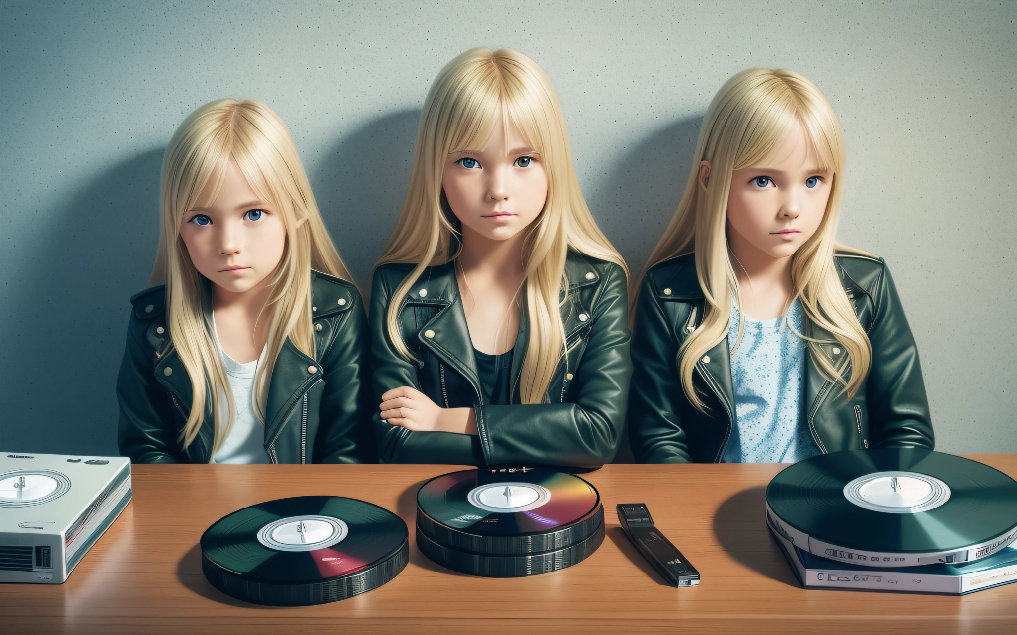 3 BLONDE GIRLS LONG HAIR CHILDREN IN LEATHER JACKET, A closeup of a CD and a CD box on a table, Packshot, CDs, CD Jacket, DVD Package, Medium Close Shot, Detailed Product Image, Medium Wide Shot, Medium Closeup, Close Medium Shot, New Boards of Canada album cover, soft vinyl, round format, Boards of Canada album cover, BLU - Ray Transfer 5 K, Fujifilm"