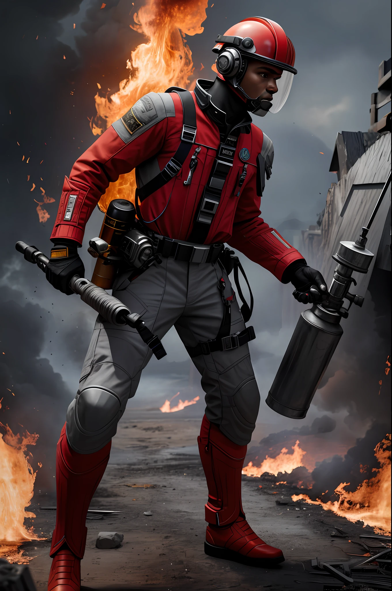 (8k, RAW photo, best quality, masterpiece: 1.2), ultra detailed, official art, photo-realistic: 1.37, upper body shot, young Negroid Fire Department Red Safety Suit, Gray Pants Putting Out Fire Grain Film, Action Pose
