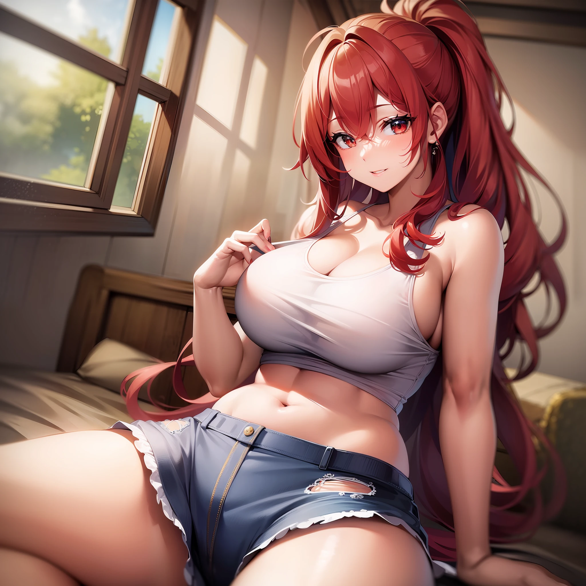 masterpiece, best quality, finely detailed, high resolution, extremely delicate and beautiful, 1girl, huge breasts, thickthighs, looking at viewer, facing viewer, red hair, long hair, smile, ponytail, dolphin shorts, tank top, indoors