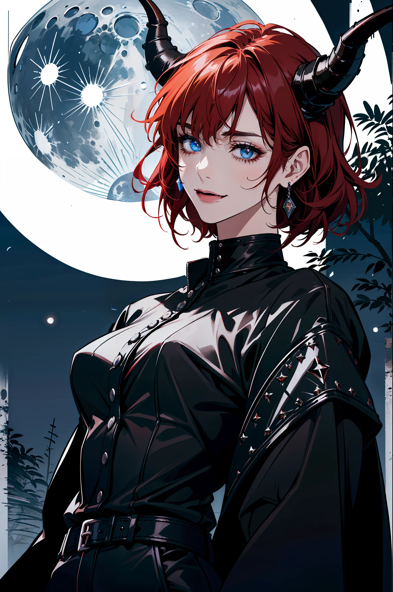 (absurdres, highres, ultra detailed), 1 girl, adult, handsome, tall, broad shoulders, finely detailed eyes and detailed face, black leather clothes, night, smile, dutch angle, short red hair, moon, forest, black horns in his head, silver details, earrings, black chocker, gothic, dark, vampire, black pants, horns, blue eyes