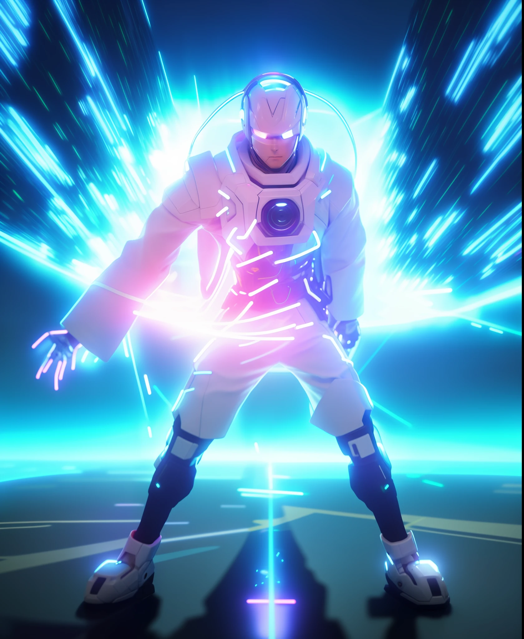 a man in a white suit and helmet standing in front of a neon light, an epic anime of a energy man, fighting stance energy, powering up aura, badass anime 8 k, makoto shinkai. octane render, epic 8 k hd anime shot, fighting game character, this character has cryokinesis, full portrait of electromancer, heavy lensflare