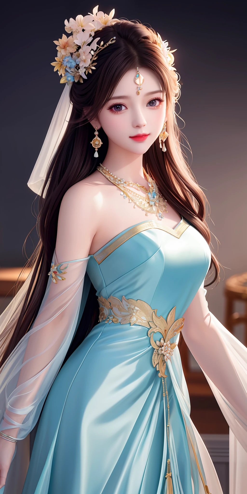 Best quality, masterpiece, high resolution, 1girl, clear silk porcelain dress, beautiful face, hair accessories, looking at the audience, smiling, close your mouth, lips, dress, hair accessories, necklaces, jewelry, long hair, earrings, beautiful face, on the body, Tindal effect, realism, dark studio, edge lighting, two-tone lighting, (high detail skin: 1.2), 8k UHD, DSLR, soft light, high quality, volumetric lighting, photo, high resolution 4K, 8k, blurred background