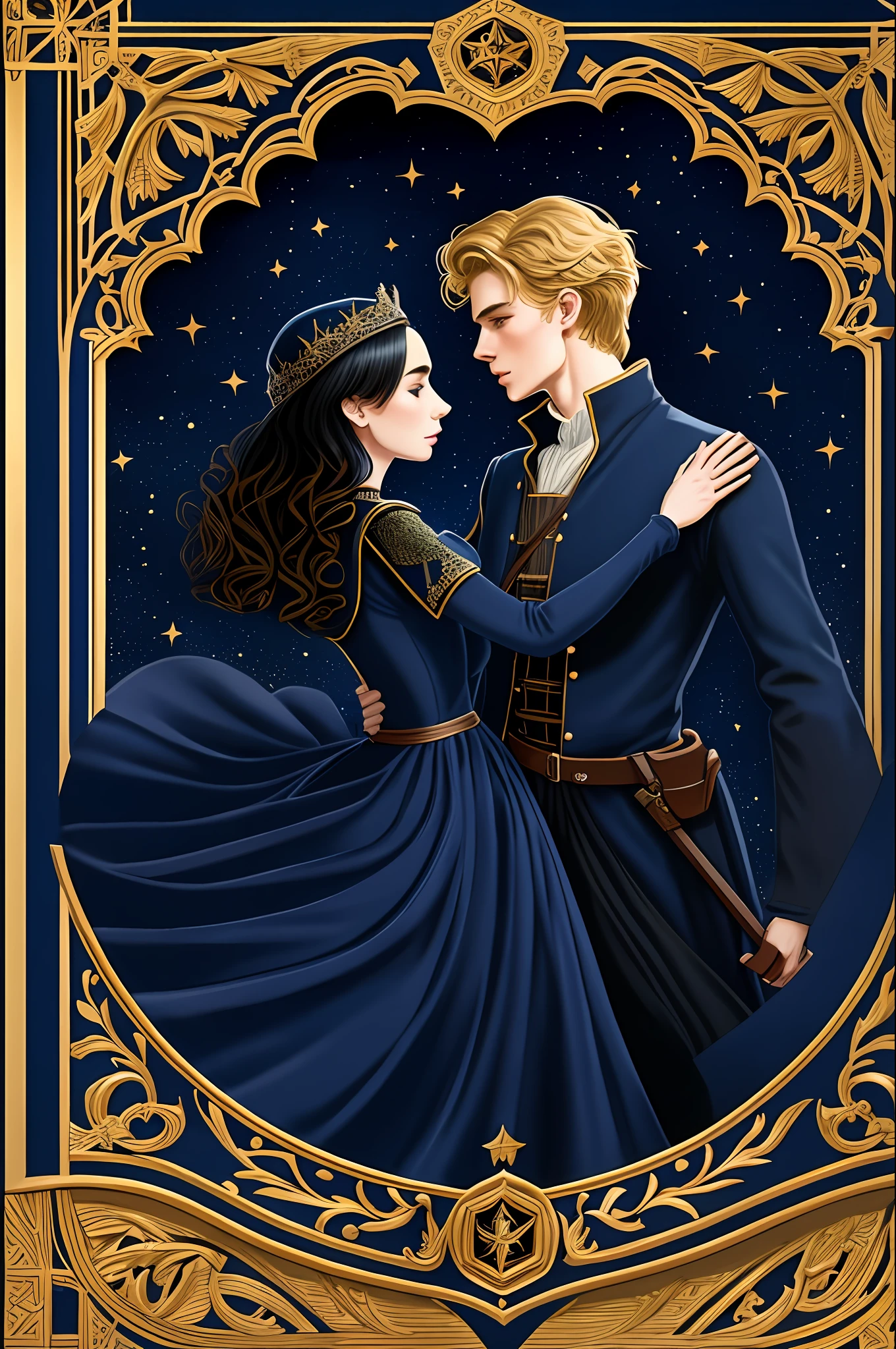 Lily Collins, who has curly black hair, wears a navy blue medieval dress. the Neels Visser wears a medieval military outfit and has blonde hair. The couple is waltzing in the ballroom. The illustration is like a book cover with a detailed, bright, illuminated, ultra detailed, conceptual art, elegant background