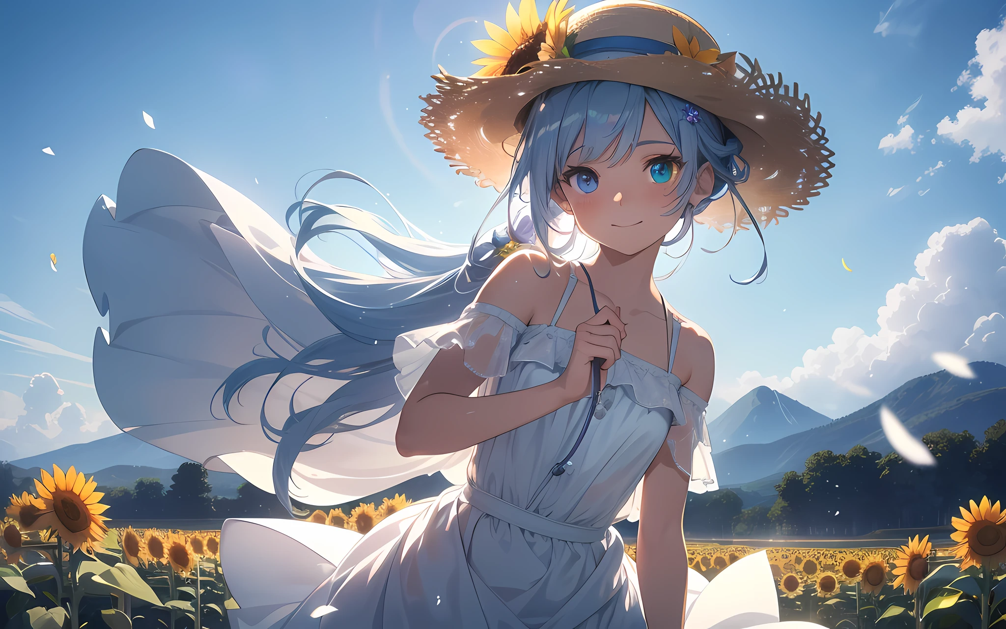 masterpiece, Top Quality, Photorealistic, Ultra detailed, Delicate, Orderly, High Detail, Bluish-silver ponytail, (drooping heterochromia iris:1.3),Children,10 years old, Embarrassing,Smile,Slender,Cowboy shot, Blurred background,(One Girl:1.1),Game CG,Dynamic Angle,(Bioluminescent hair,Glowing eyes:1.2), ambient occlusion,ambient light,ray-traced reflection, glow,glowing aura,glowing hair,sunflower field,white dress,straw hat,fluttering petals,wind,blue sky