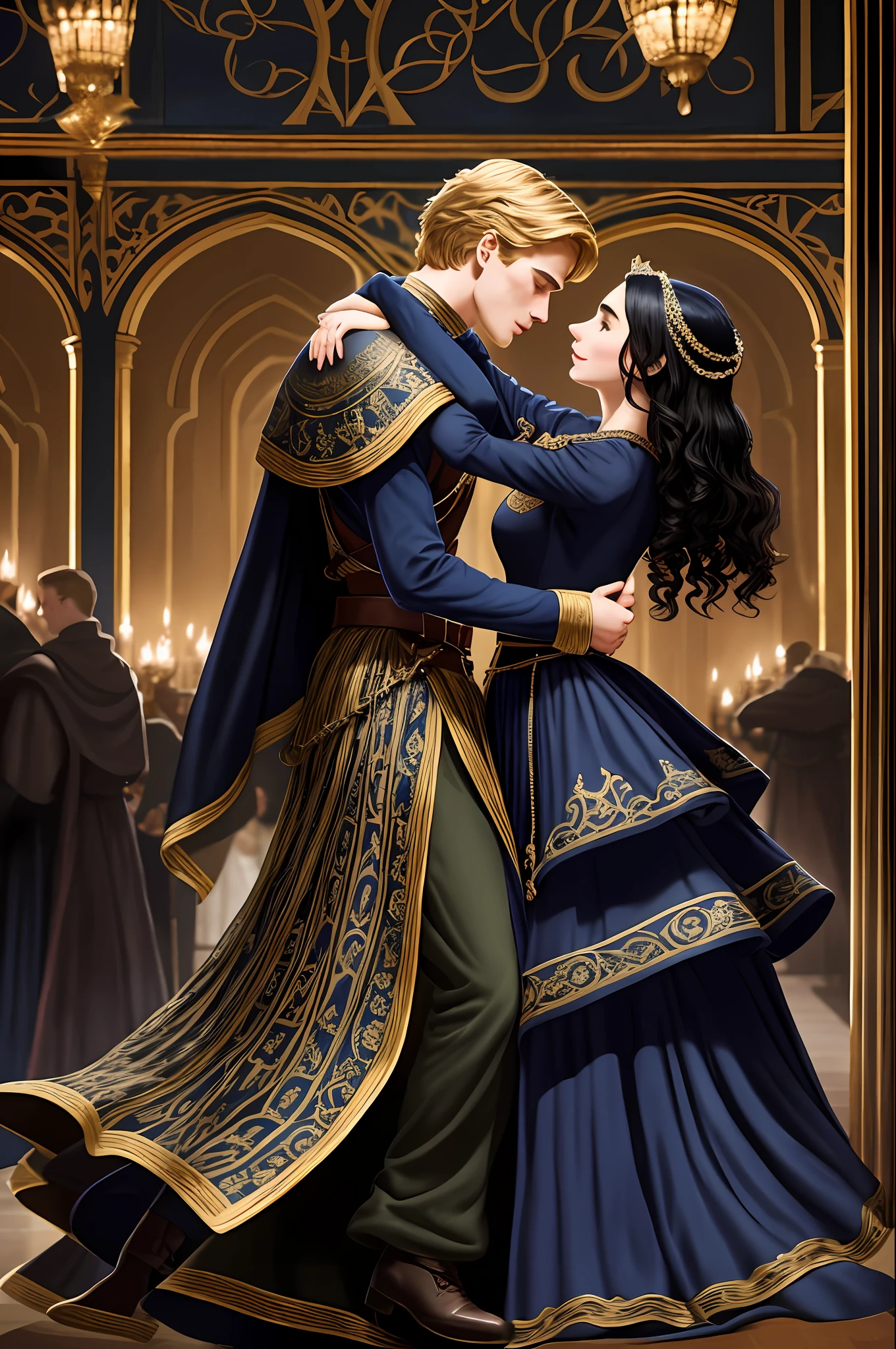 Lily Collins, who has curly black hair, wears a navy blue medieval dress. the Neels Visser wears a medieval military outfit and has blonde hair. The couple is waltzing in the ballroom. The illustration is like a book cover with a detailed, bright, illuminated, ultra detailed, conceptual art, elegant background