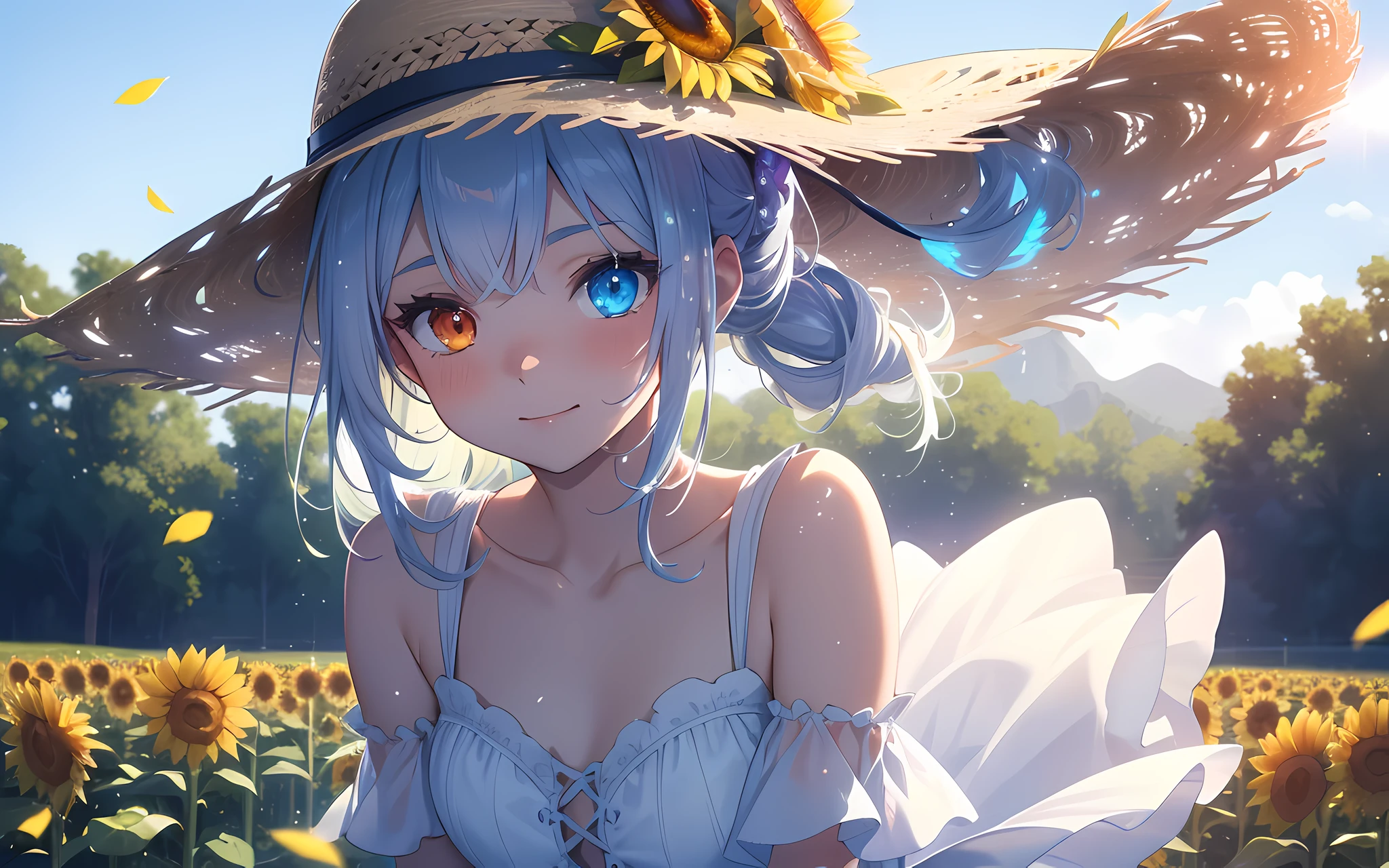 masterpiece, Top Quality, Photorealistic, Ultra detailed, Delicate, Orderly, High Detail, Bluish-silver ponytail, (drooping heterochromia iris:1.3),********,************, Embarrassing,Smile,Slender,Cowboy shot, Blurred background,(One Girl:1.1),Game CG,Dynamic Angle,(Bioluminescent hair,Glowing eyes:1.2), ambient occlusion,ambient light,ray-traced reflection, glow,glowing aura,glowing hair,sunflower field,white dress,straw hat,fluttering petals,wind,blue sky