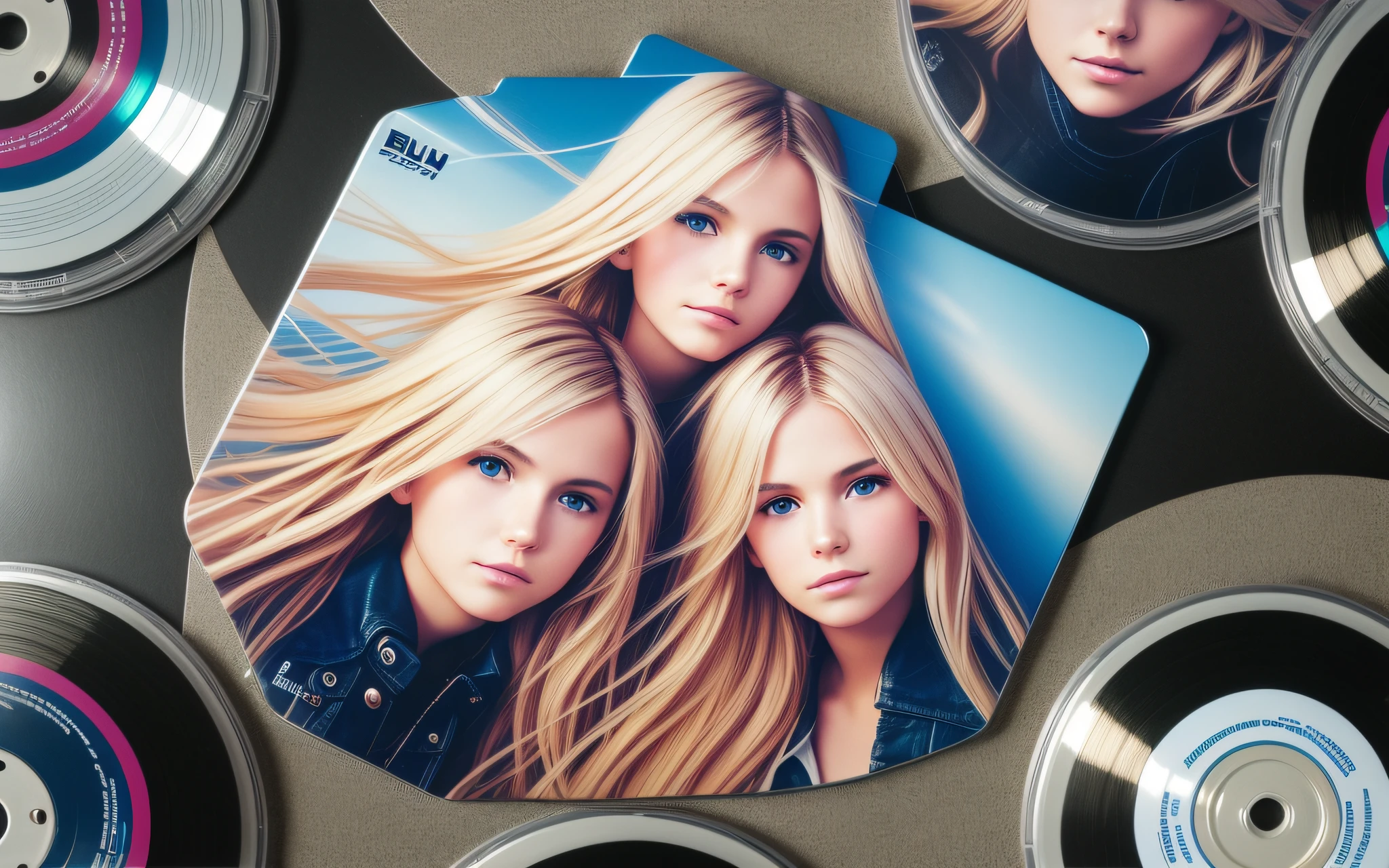 3 BLONDE GIRLS LONG HAIR CHILDREN IN LEATHER JACKET, A closeup of a CD and a CD box on a table, Packshot, CDs, CD Jacket, DVD Package, Medium Close Shot, Detailed Product Image, Medium Wide Shot, Medium Closeup, Close Medium Shot, New Boards of Canada album cover, soft vinyl, round format, Boards of Canada album cover, BLU - Ray Transfer 5 K, Fujifilm"