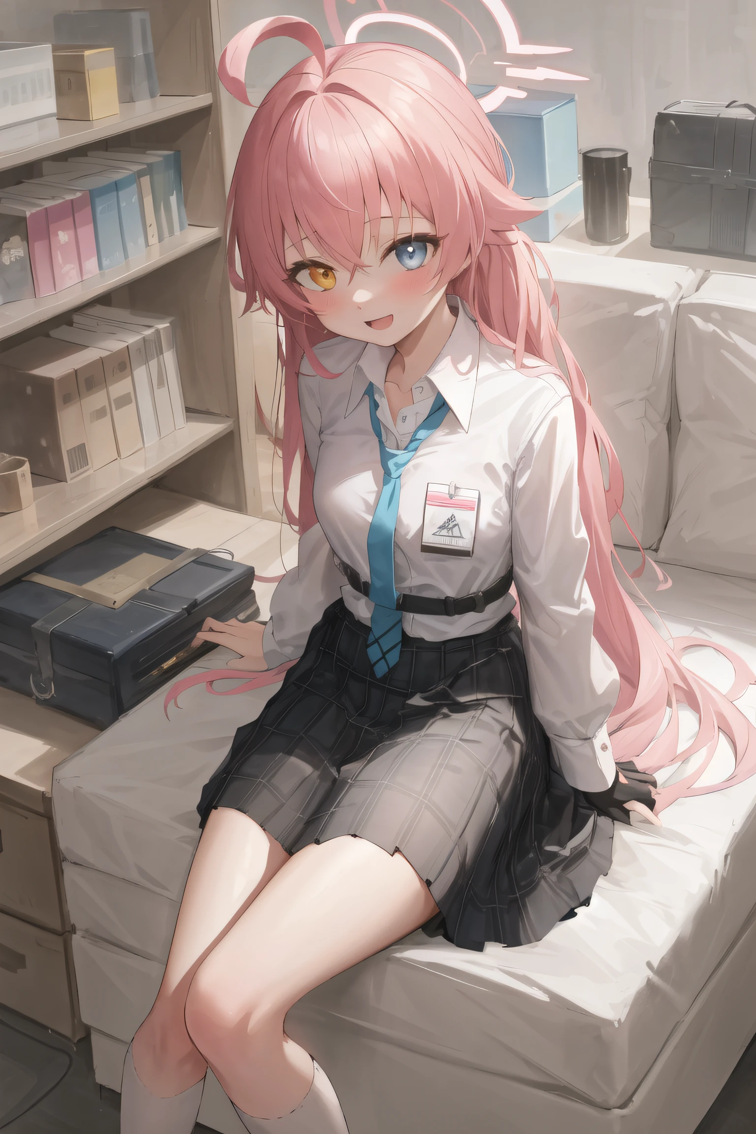 1girl, hoshino (blue archive), solo, heterochromia, pink hair, skirt, long hair, necktie, ahoge, shirt, halo, plaid skirt, blue eyes, plaid, looking at viewer, white shirt, sitting, orange eyes, chest harness, harness, long sleeves, id card, open mouth, very long hair, collared shirt, smile, blue necktie, bangs, feet out of frame, between legs, hand between legs, blush, hair between eyes, highres,masterpiece, best quality