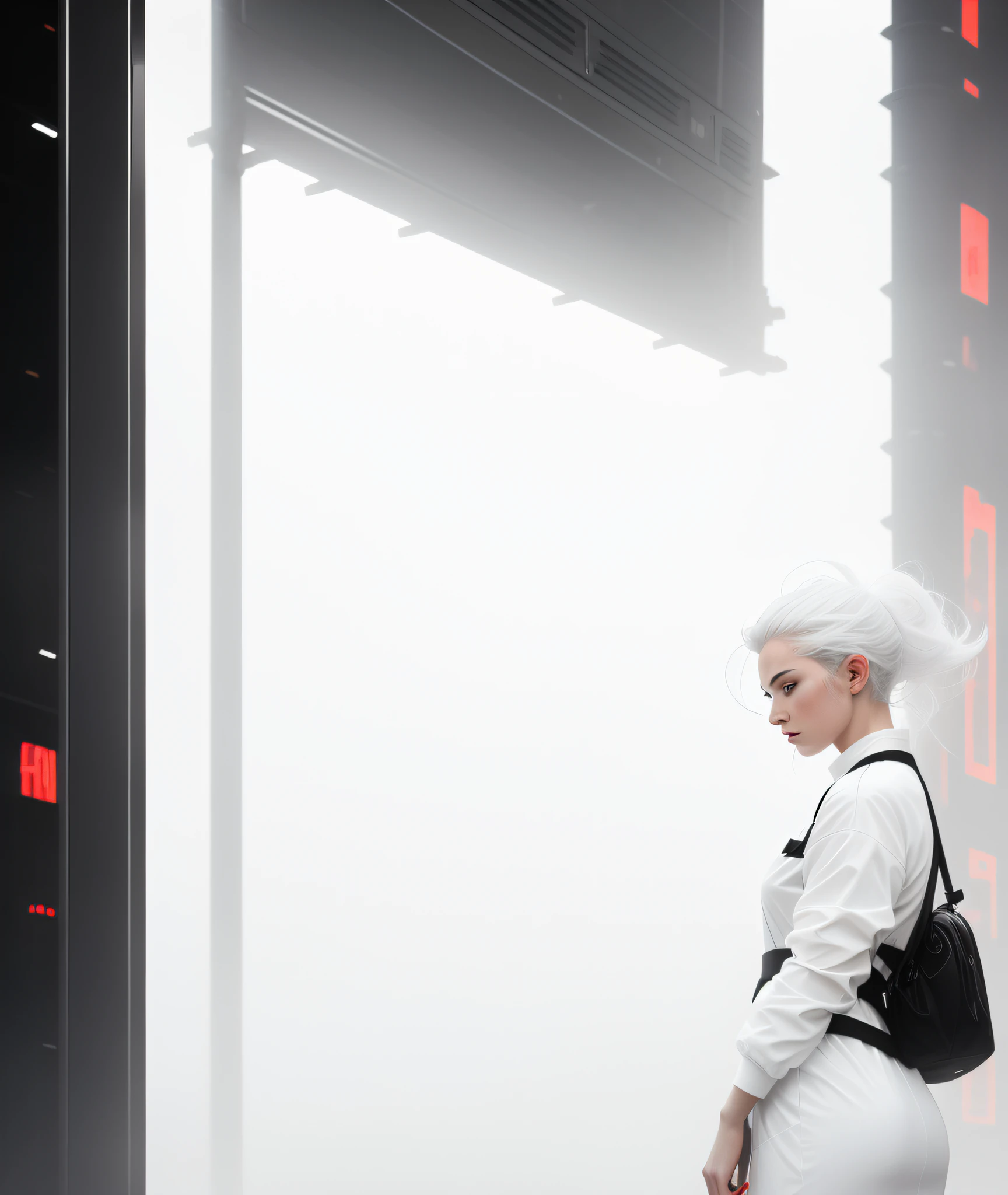1 european young woman, seat, in the bus station, ((white futuristic clothing)), white hair, (wet body:1.1), (transparent jacked:1.2), sad atmosphere, backside shot, (cyberpunk:0.8), (low light:0.8), (wet cloth:0.5), (night:1.5), dark light, japan street, rain, hyper realistic, (hdr:1.2), (artstation:0.5), (cinematic), soft colour, mist, (spotlight)