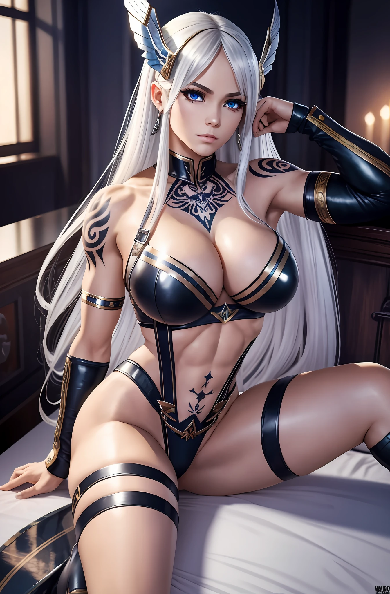 Surreal Valkyrie, full body 8k quality, silver hair, tattoo muscles powerful, tsundere girl face, moles under the corners of the eyes, graceful body, big breasts and big farts, rich skin, first-person perspective, exquisite and beautiful.