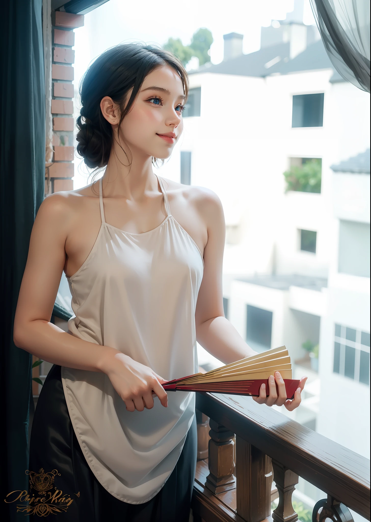 A young girl, beautiful eyes, Straight nose, attractive lips, smile, holding a fan, looking outside from the window,