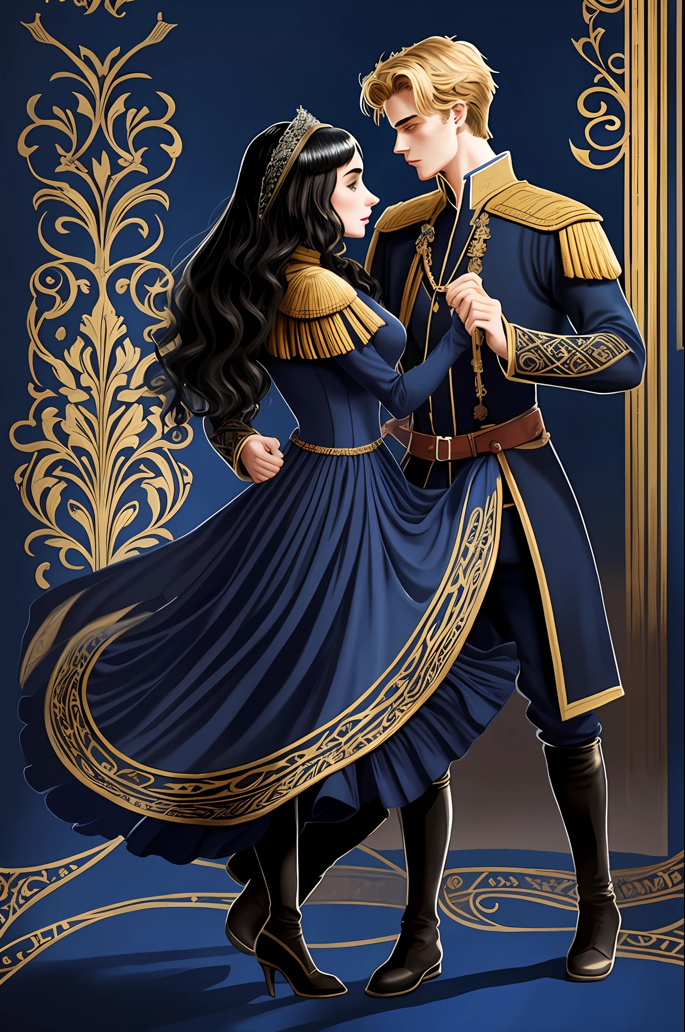 Lily Collins, who has curly black hair, wears a navy blue medieval dress. the Neels Visser wears a medieval military outfit and has blonde hair. The couple is waltzing in the ballroom. The illustration is like a book cover with a detailed, bright, illuminated, ultra detailed, conceptual art, elegant background