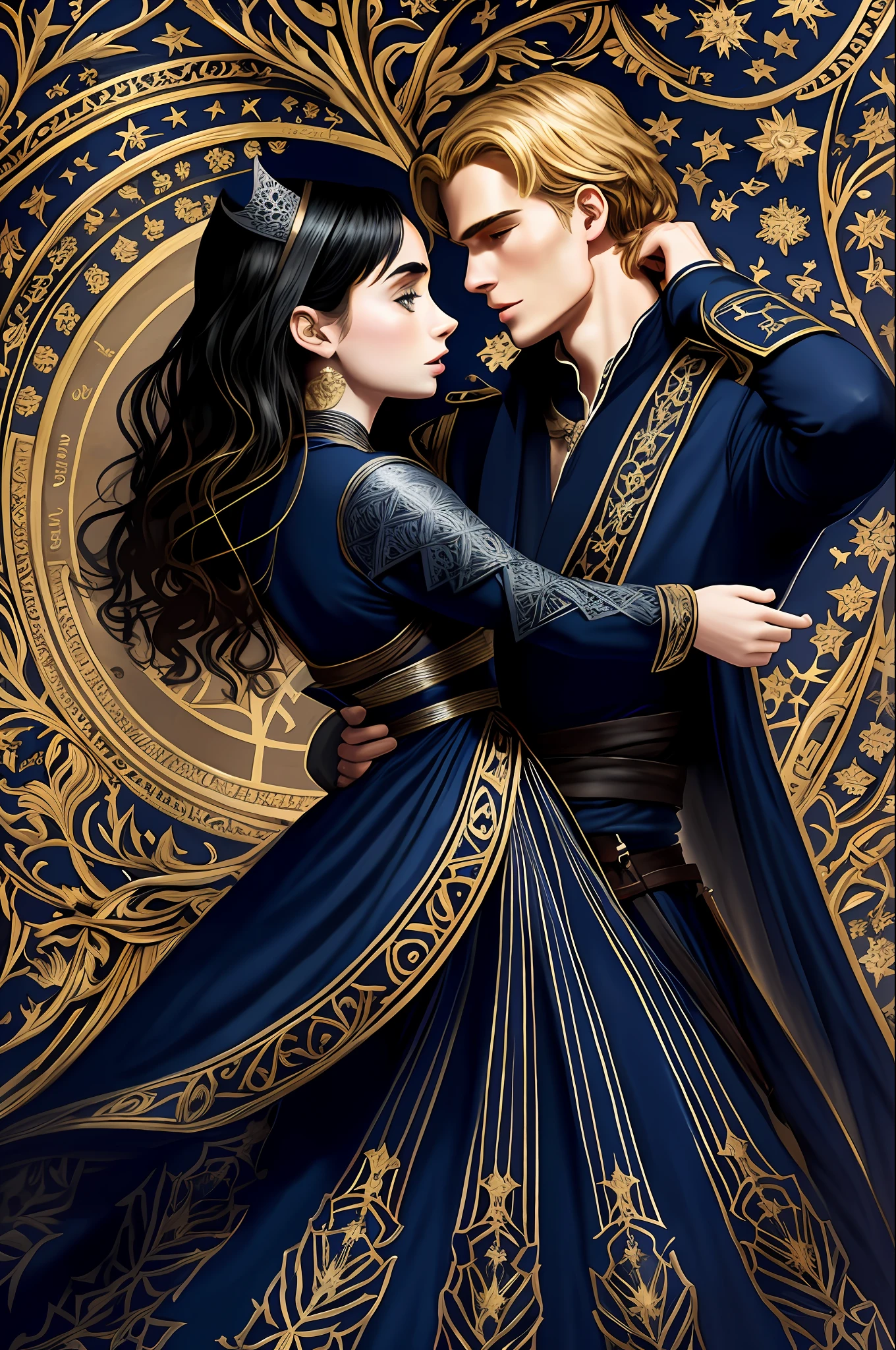 Lily Collins, who has curly black hair, wears a navy blue medieval dress. the Neels Visser wears a medieval military outfit and has blonde hair. The couple is waltzing in the ballroom. The illustration is like a book cover with a detailed, bright, illuminated, ultra detailed, conceptual art, elegant background