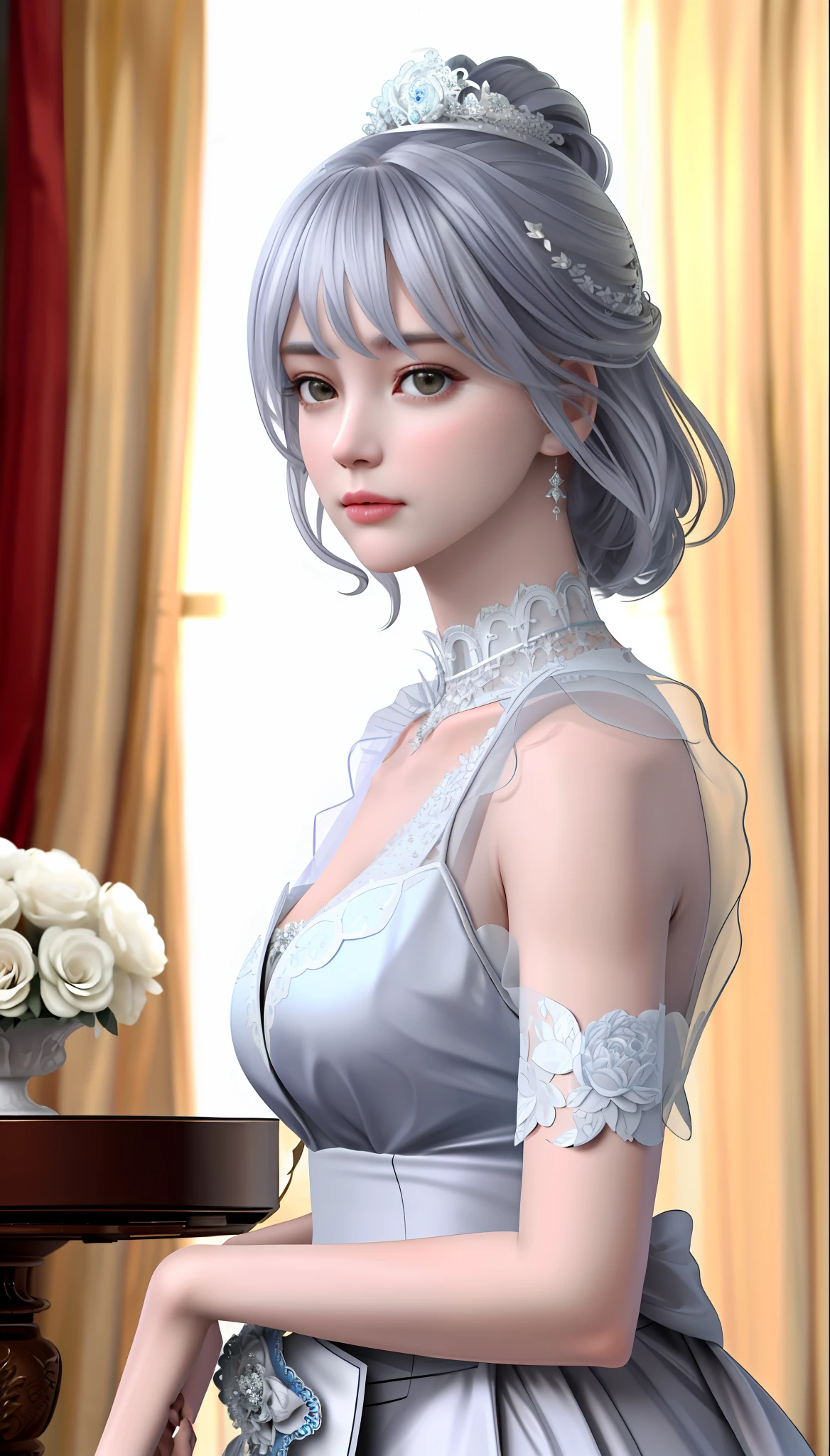 1 girl, look at the viewer,
upper body, 3D, realistic, silver hair,
large breasts, excessively ruffled princess dresses, draped clothes, jewelry, ornaments, flowers, lace trim,
Masterpiece, top quality, 8K, detailed skin texture, detailed cloth texture, beautiful detailed face, intricate details, super detailed,
Rim Lighting, Side Lighting, Cinematic Light, Ultra High Definition, 8K UHD, Film Grain, Best Shadow, Delicate, RAW, Inside the Royal Castle, Floral Decoration, Beautiful Curtains
