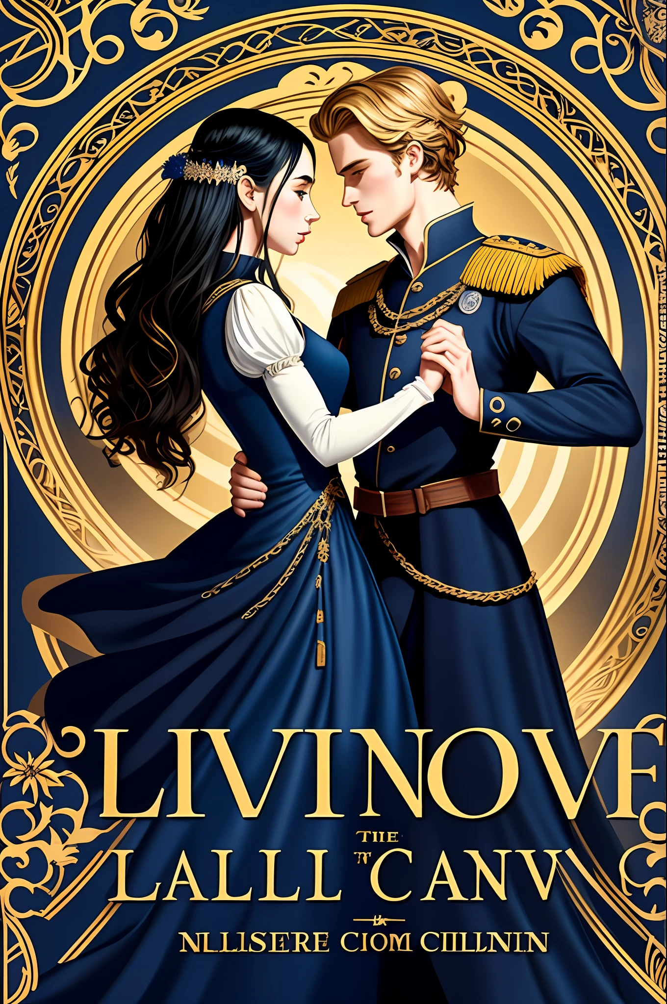 Lily Collins, who has curly black hair, wears a navy blue medieval dress. the Neels Visser wears a medieval military outfit and has blonde hair. The couple is waltzing in the ballroom. The illustration is like a book cover with a detailed, bright, illuminated, ultra detailed, conceptual art, elegant background