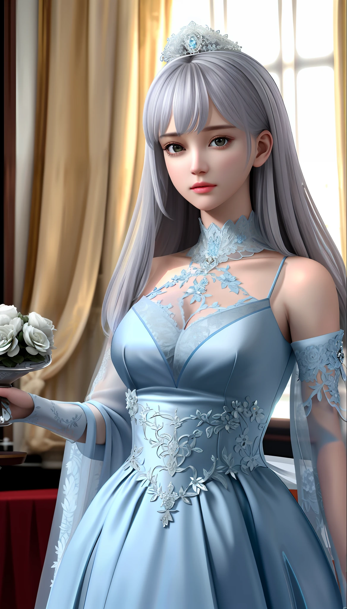 1 girl, look at the viewer,
upper body, 3D, realistic, silver hair,
large breasts, excessively ruffled princess dresses, draped clothes, jewelry, ornaments, flowers, lace trim,
Masterpiece, top quality, 8K, detailed skin texture, detailed cloth texture, beautiful detailed face, intricate details, super detailed,
Rim Lighting, Side Lighting, Cinematic Light, Ultra High Definition, 8K UHD, Film Grain, Best Shadow, Delicate, RAW, Inside the Royal Castle, Floral Decoration, Beautiful Curtains