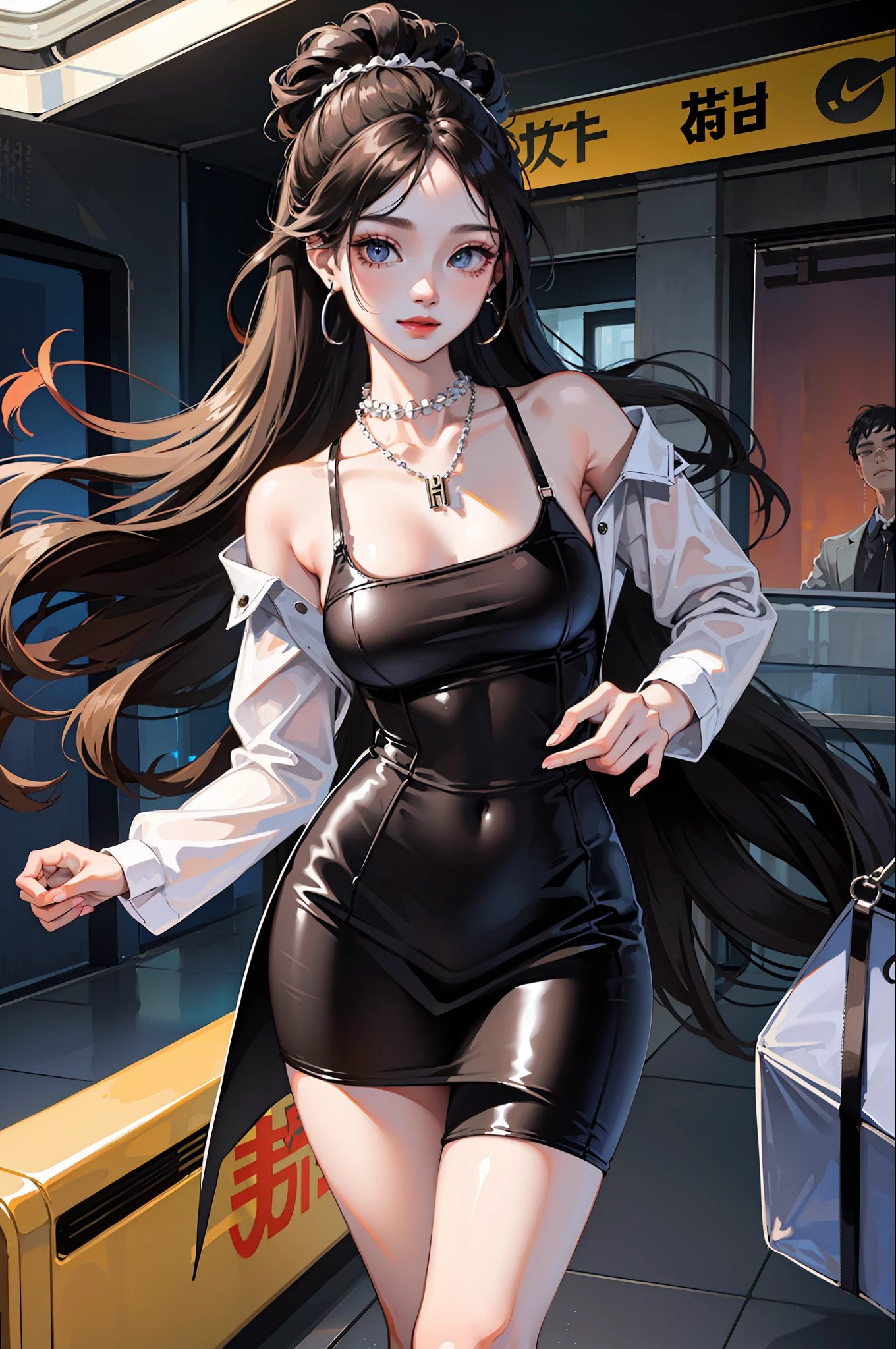 (Best quality, 8k, masterpiece), (a pretty girl, pure black long hair, princess cut, Hime hairstyle, hair edges are neat, big eyes: 1.2, long eyelashes, delicate makeup: 1.2, blush), (delicate watch, delicate necklace, large earrings), (caught in the subway train, standing, subway station etc.), (fashionable outfit, leopard print shorts on the outside, white T-shirt on the inside, Nike, black fashion sunglasses hanging on the clothes), (medium chest, stiff), ( Black Oil Glossy Clear Pantyhose), (High-waisted Skirt), Light Ripen, Royal Sister, Best Light, Best Shadow, Movie Lighting, 28 Years Old, 1girl, Acura, (Real Skin, Supple Skin) Ray Tracing, Unreal Engine 5, Reflective Skin, Digital Illustration, Game CG Characters, Supermodel, (Kpop, idol), (Body Edge Light, Colored Light Sources Around), Wind Blowing Hair, Listening to Songs with Headphones, (Looking at the Camera with a shy smile, happy expression), (thin waist, wide hips, buttocks), close-up