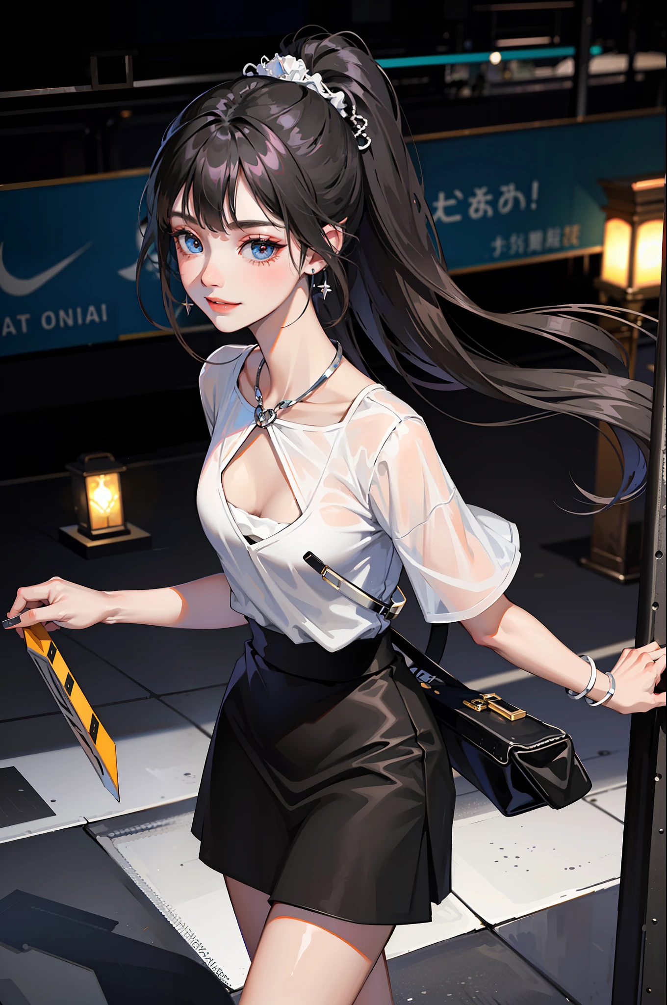 (Best quality, 8k, masterpiece), (a pretty girl, pure black long hair, princess cut, Hime hairstyle, hair edges are neat, big eyes: 1.2, long eyelashes, delicate makeup: 1.2, blush), (delicate watch, delicate necklace, large earrings), (caught in the subway train, standing, subway station etc.), (fashionable outfit, leopard print shorts on the outside, white T-shirt on the inside, Nike, black fashion sunglasses hanging on the clothes), (medium chest, stiff), ( Black Oil Glossy Clear Pantyhose), (High-waisted Skirt), Light Ripen, Royal Sister, Best Light, Best Shadow, Movie Lighting, 28 Years Old, 1girl, Acura, (Real Skin, Supple Skin) Ray Tracing, Unreal Engine 5, Reflective Skin, Digital Illustration, Game CG Characters, Supermodel, (Kpop, idol), (Body Edge Light, Colored Light Sources Around), Wind Blowing Hair, Listening to Songs with Headphones, (Looking at the Camera with a shy smile, happy expression), (thin waist, wide hips, buttocks), close-up