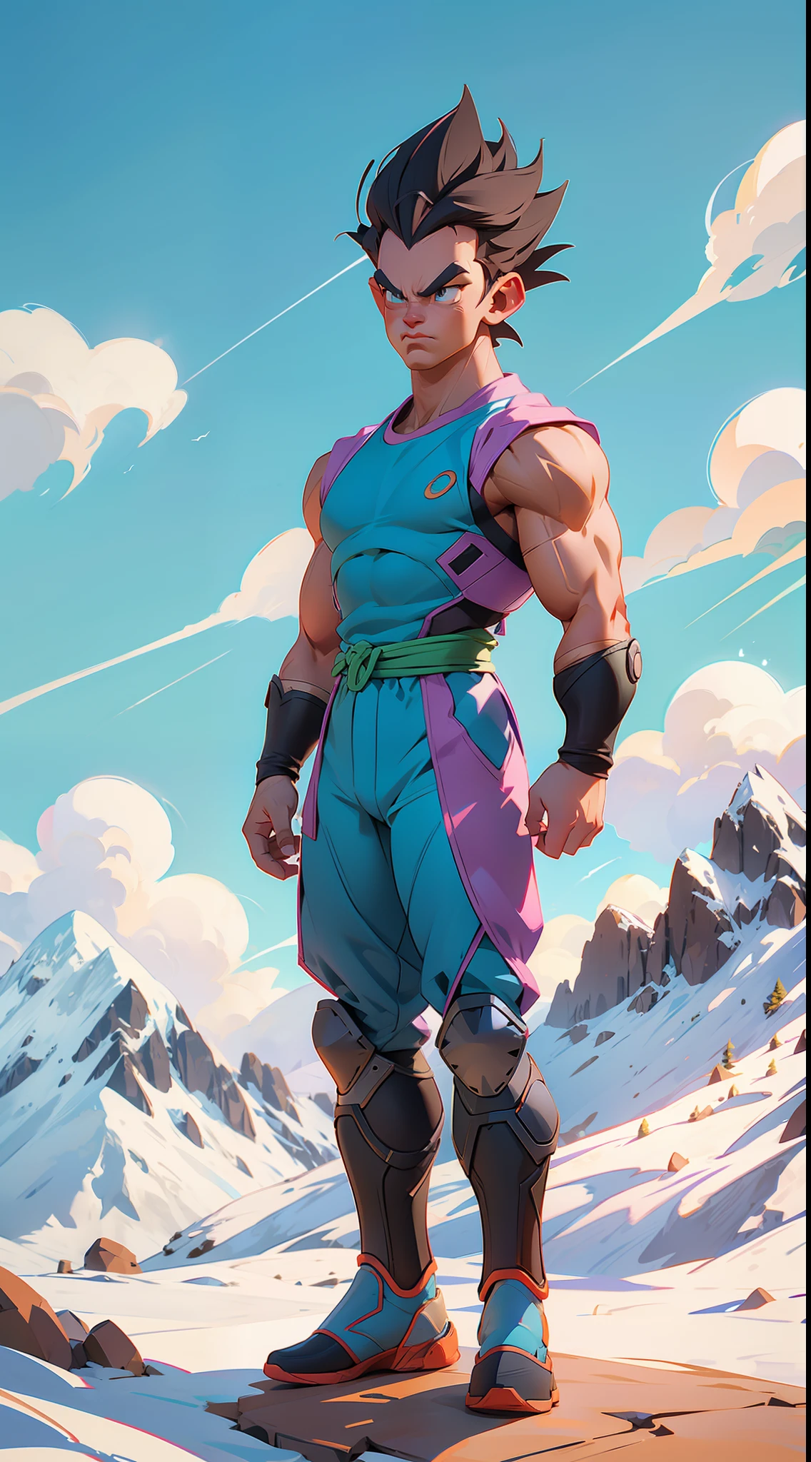 Dragon Ball Super character super stong bodybuilder concept , full body, (((in the background mountains and a beautiful sky))), colored,, wide angle, super highly detailed, professional digital painting, artstation, concept art, smooth, sharp focus, no blur, no dof, extreme illustration, Unreal Engine 5, Photorealism, HD quality, 8k resolution, cinema 4d, 3D, beautiful, cinematic