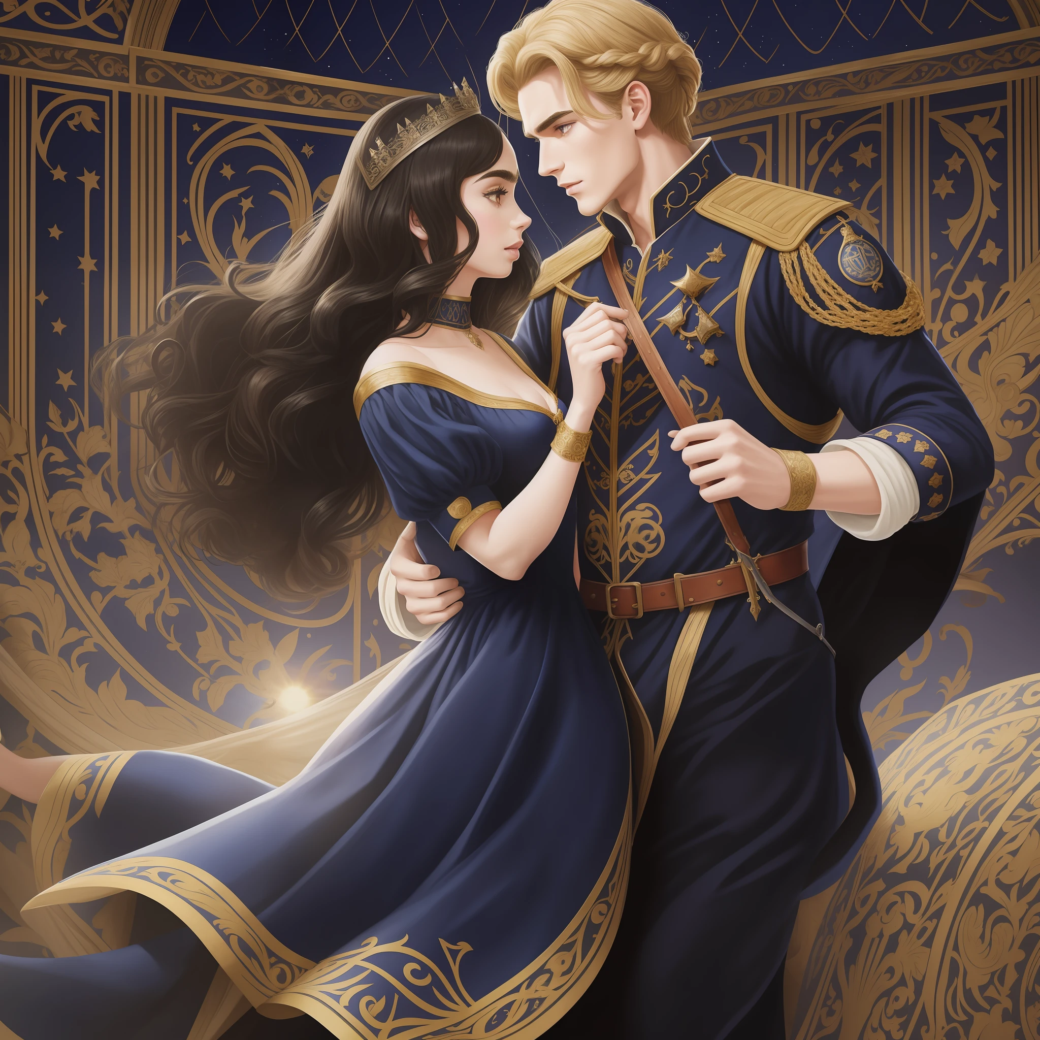 Lily Collins, who has curly black hair, wears a navy blue medieval dress. the Neels Visser wears a medieval military outfit and has blonde hair. The couple is waltzing in the ballroom. The illustration is like a book cover with a detailed, bright, illuminated, ultra detailed, conceptual art, elegant background