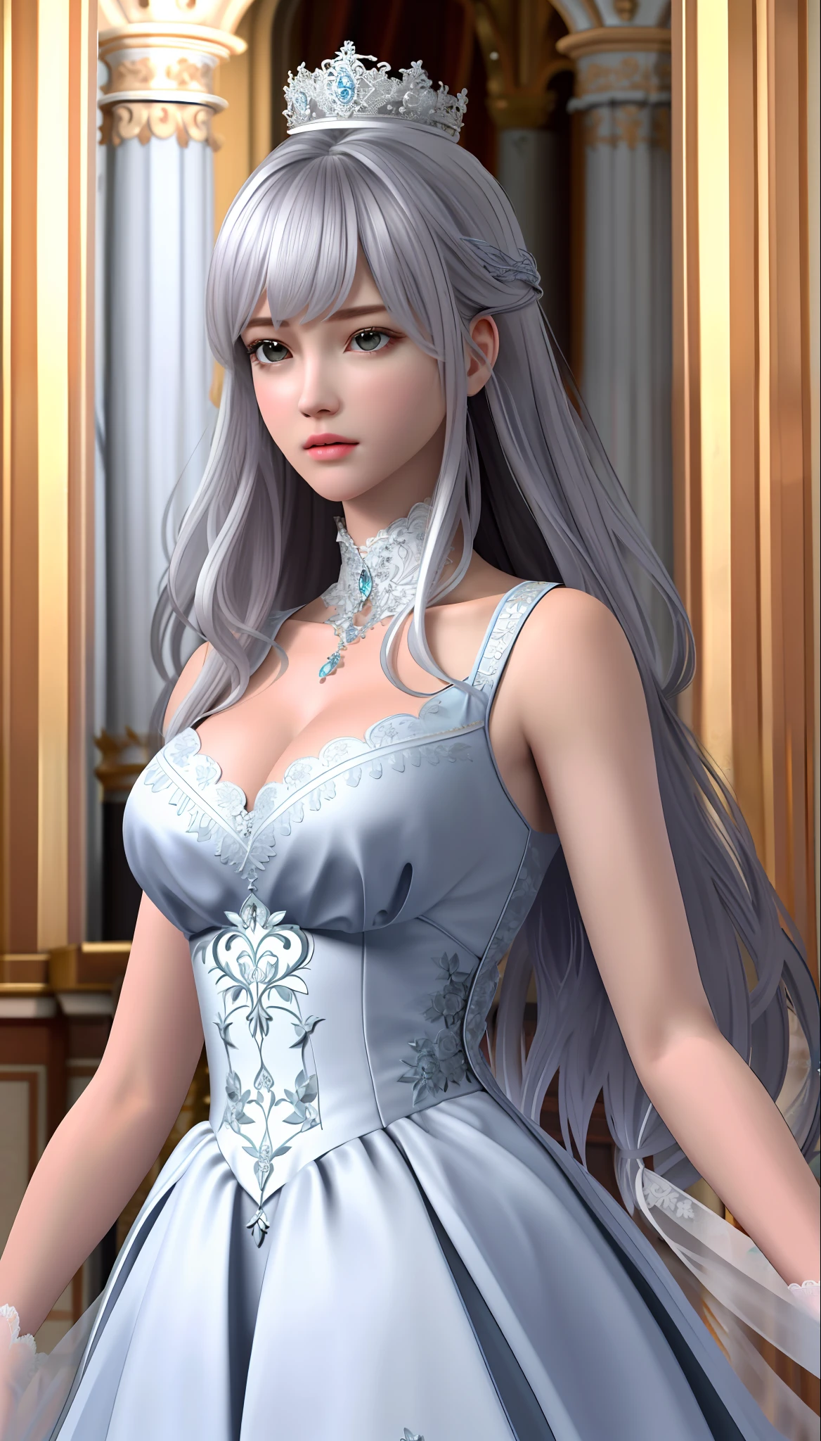 1 girl, look at the viewer,
upper body, 3D, realistic, silver hair,
large breasts, excessively ruffled princess dresses, draped clothes, jewelry, ornaments, flowers, lace trim,
Masterpiece, top quality, 8K, detailed skin texture, detailed cloth texture, beautiful detailed face, intricate details, super detailed,
Rim Lighting, Side Lighting, Cinematic Light, Ultra High Definition, 8K UHD, Film Grain, Best Shadow, Delicate, RAW, Inside the Royal Castle, Floral Decoration, Beautiful Curtains