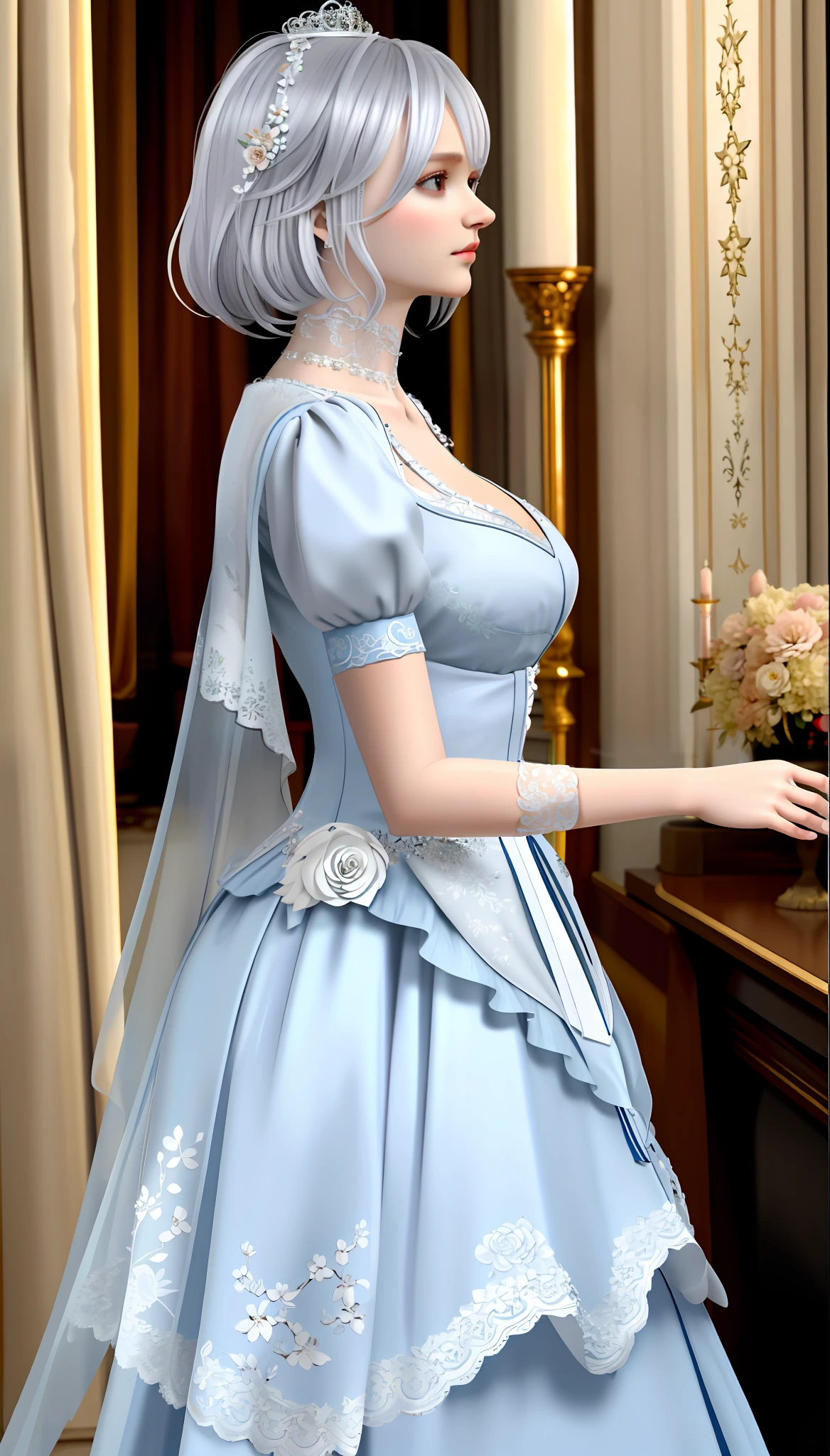 1 girl, look at the viewer,
upper body, 3D, realistic, silver hair,
large breasts, excessively ruffled princess dresses, draped clothes, jewelry, ornaments, flowers, lace trim,
Masterpiece, top quality, 8K, detailed skin texture, detailed cloth texture, beautiful detailed face, intricate details, super detailed,
Rim Lighting, Side Lighting, Cinematic Light, Ultra High Definition, 8K UHD, Film Grain, Best Shadow, Delicate, RAW, Inside the Royal Castle, Floral Decoration, Beautiful Curtains