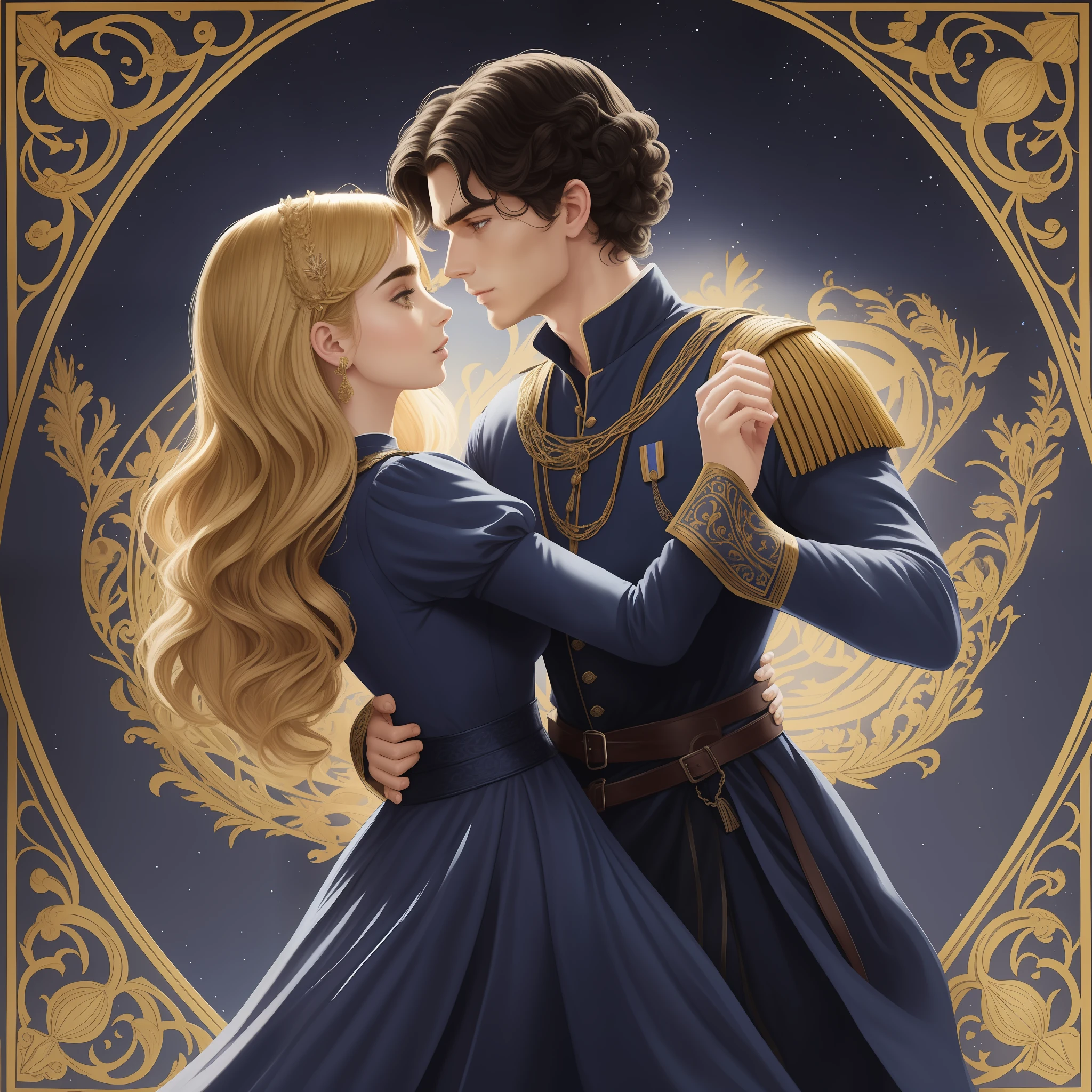 Lily Collins, who has curly black hair, wears a navy blue medieval dress. the Neels Visser wears a medieval military outfit and has blonde hair. The couple is waltzing in the ballroom. The illustration is like a book cover with a detailed, bright, illuminated, ultra detailed, conceptual art, elegant background