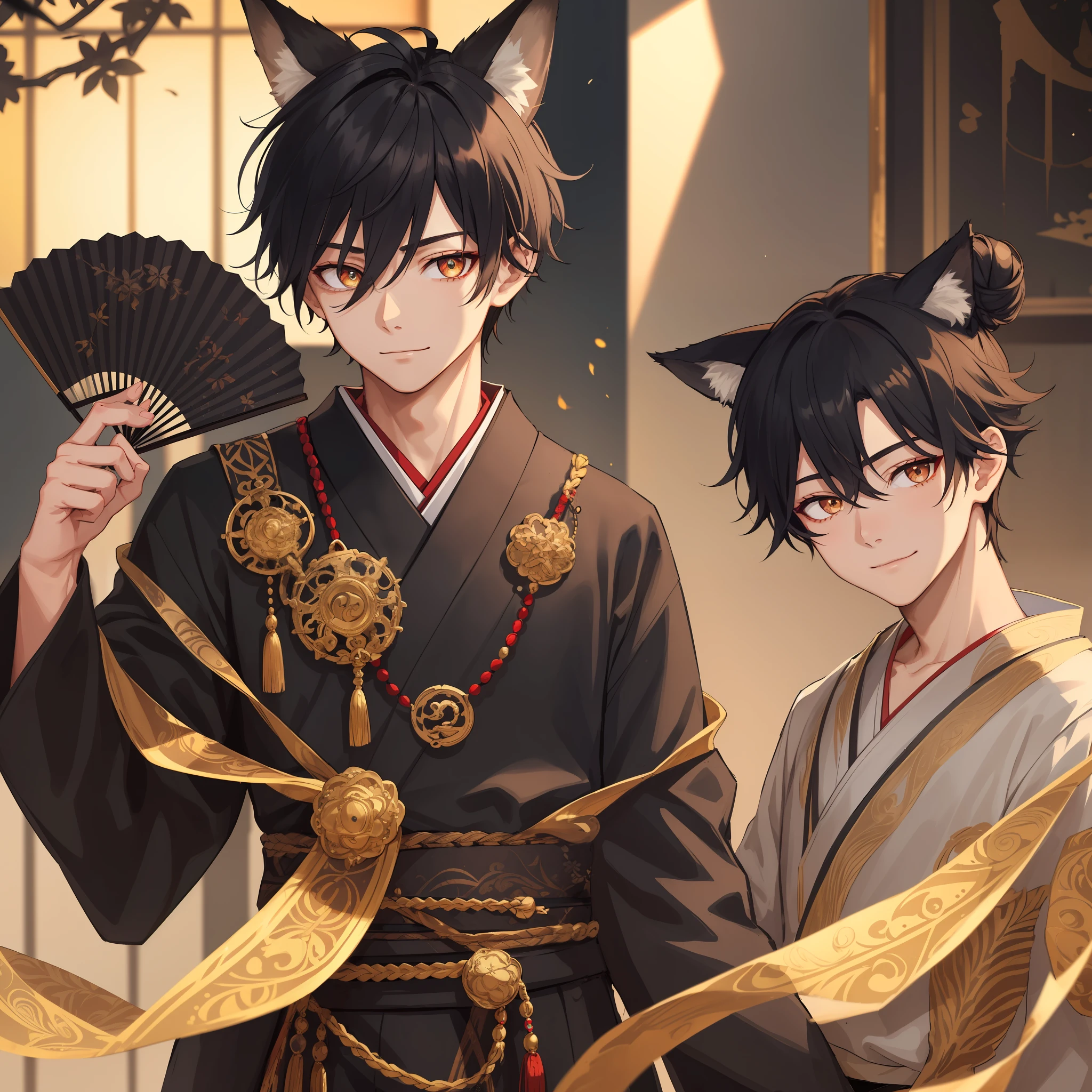 (((1boy))), ((toned)), male focus, masterpiece, high quality, (masterpiece:1.2), (best quality:1.2), shiny, realistic, ornate, intricate skin, black fox ears, ((black hair)), (short hair), golden eyes, _on_face scar, bangs, hair between eyes, hair_stick, fox_boy, japanese_clothes, jewelry, soil, pointy_ears, hair_bun, hair_ornament, hair_pin, holding_fan, paper_fan, elegant,  looking_at_viewer, holding_fan, red_eyeliner, FH, crazy eyes, looking at the viewer, constricted pupils, dynamic pose, (shadows cast over the face:1.3), dark room, shadow room, crazy smile, (upper body),