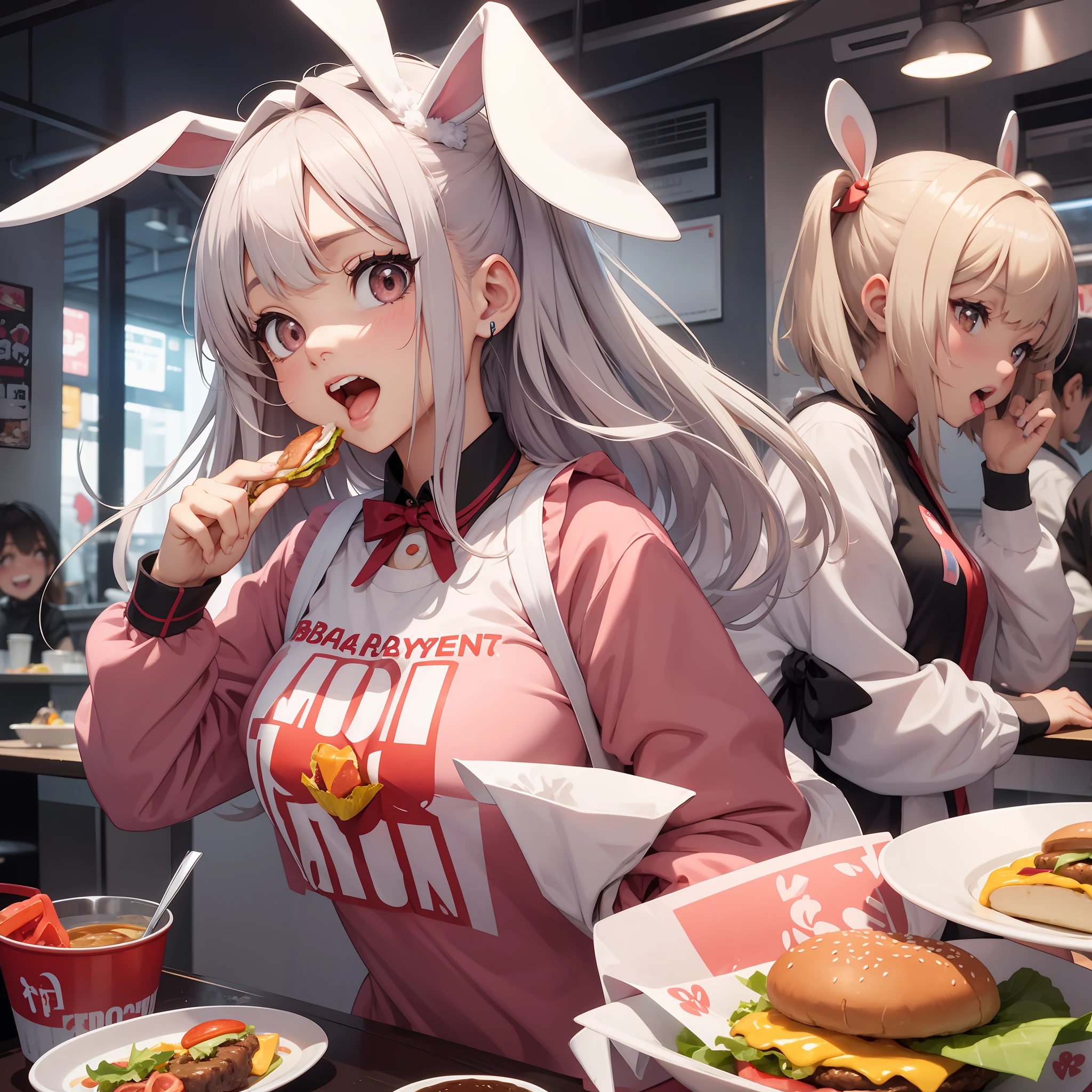 Rabbit-eared girl with open mouth Eat hamburger