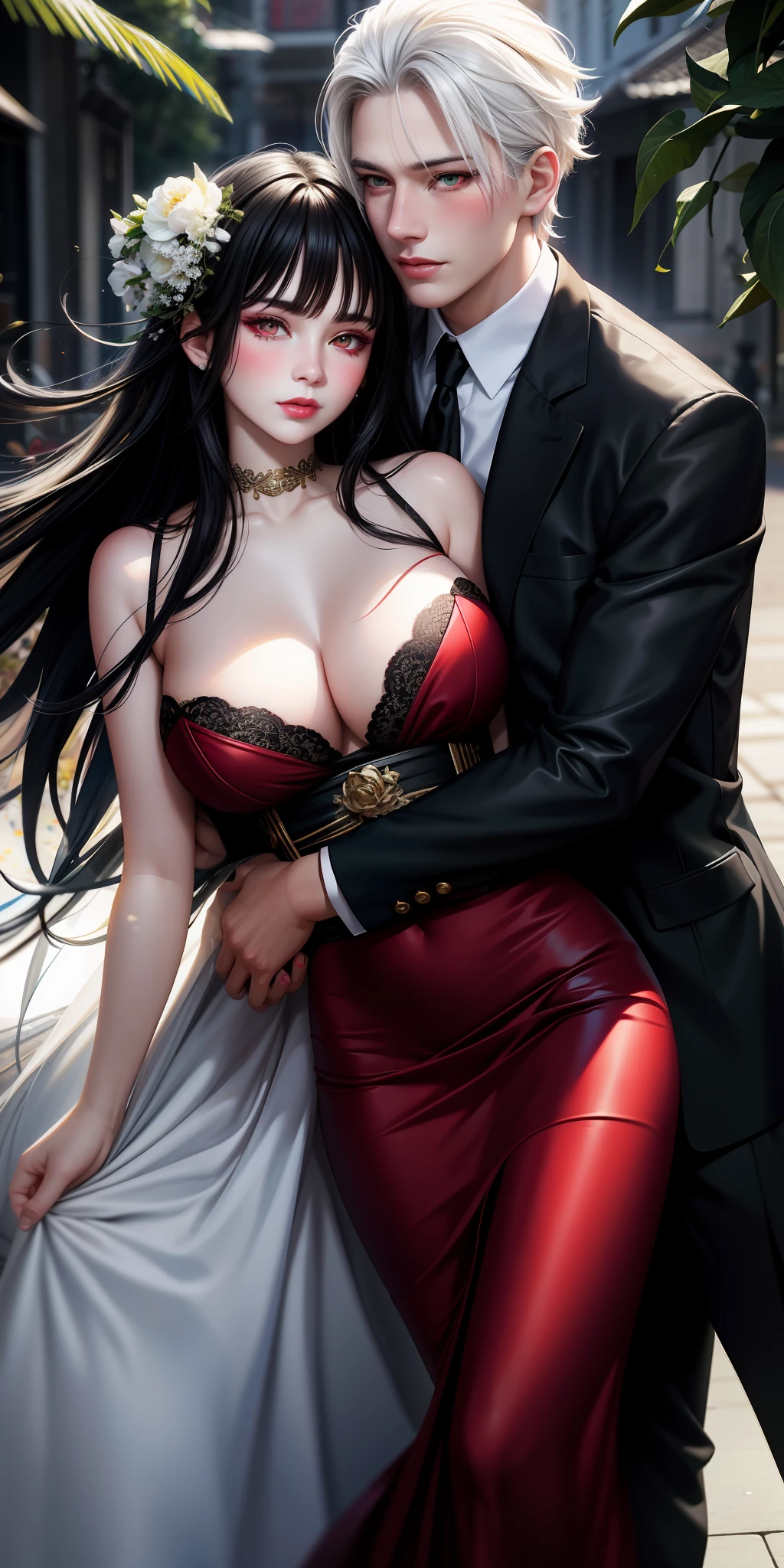 realistic, couple, black hair, white hair, red eyes, green eyes, bright eyes, dress, oriental, skirt, lips half-open, blush, night, flowers, sun, sunlight, large breasts, suit