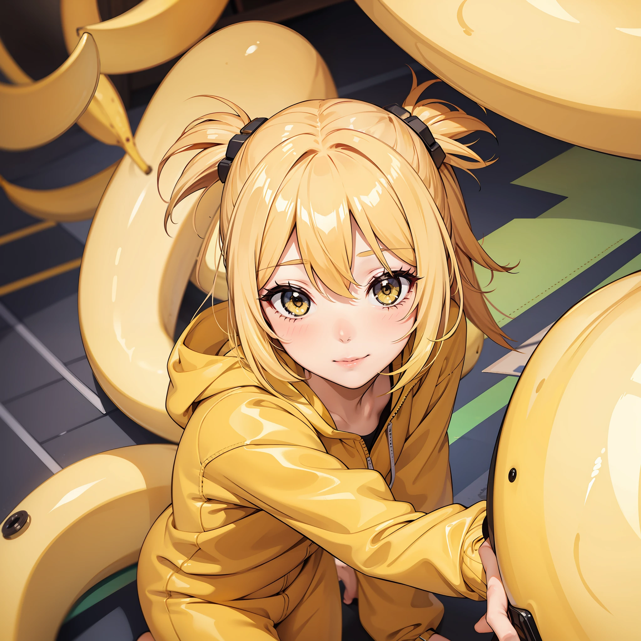 Girl, yellow hair, winking, blushing, banana suit, alone