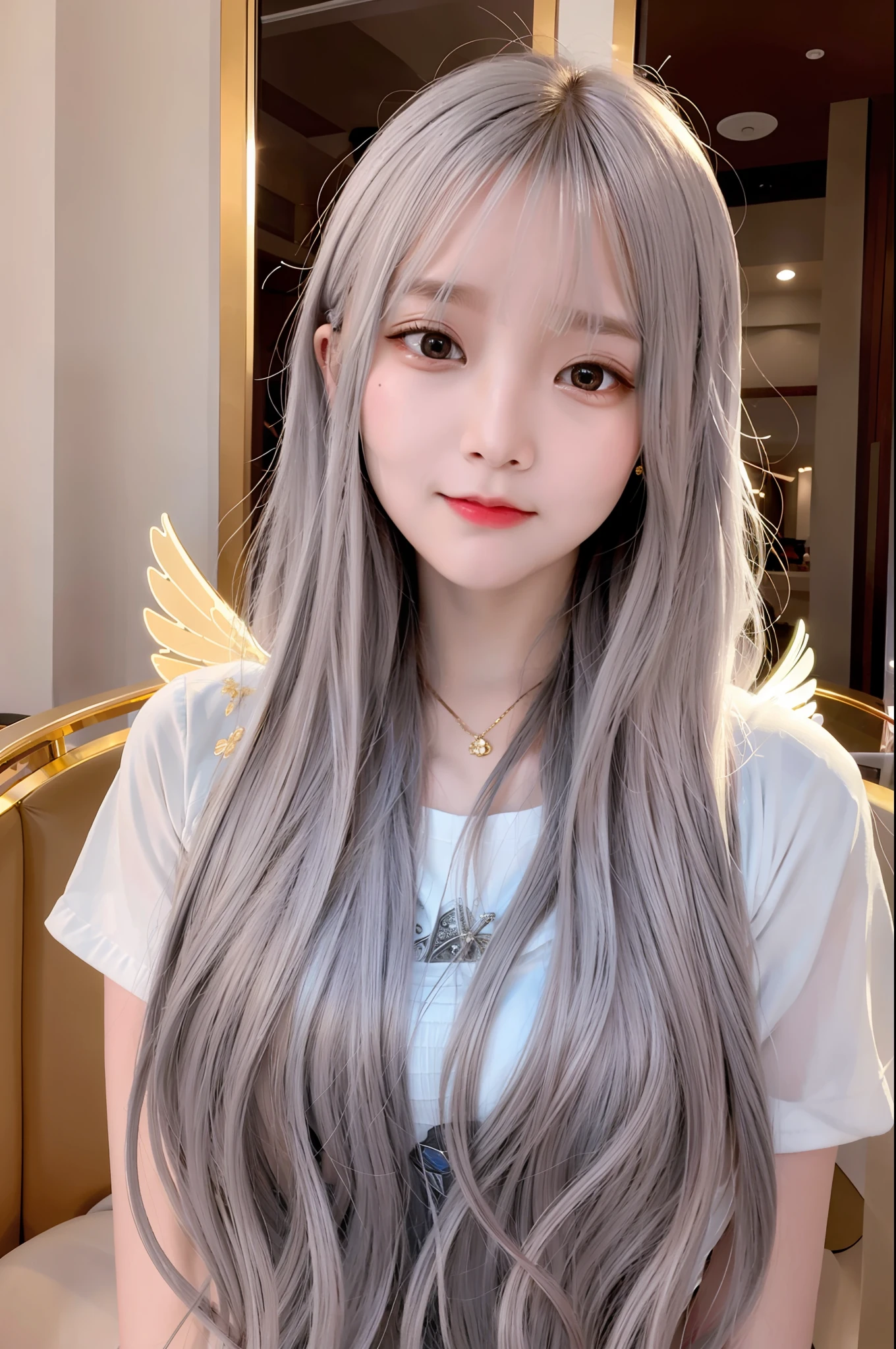 masterpiece, best quality, super detailed, illustration, close-up, direct view, face focus, 1girl, gray hair, golden eyes, long hair, aura, angel wings, calm expression, looking at the audience