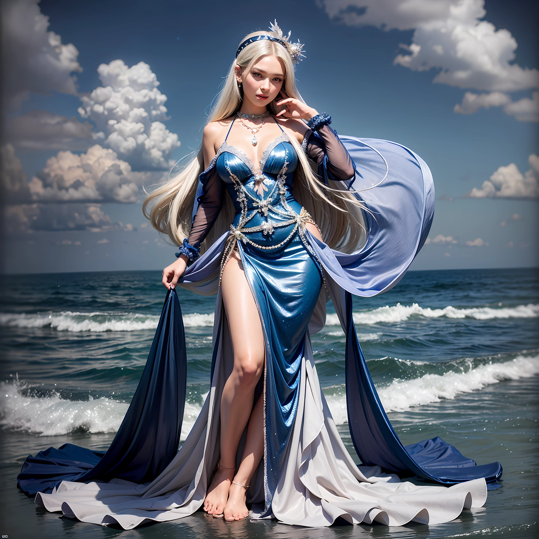 Masterpiece, Old, female, long Silver hair, wearing mermaid headband, pearl necklace, Slanted eyes, blue navy sexy open dress, Standing at sea level, serious expression, with a sharp gaze, beautiful face, zoom out, full body