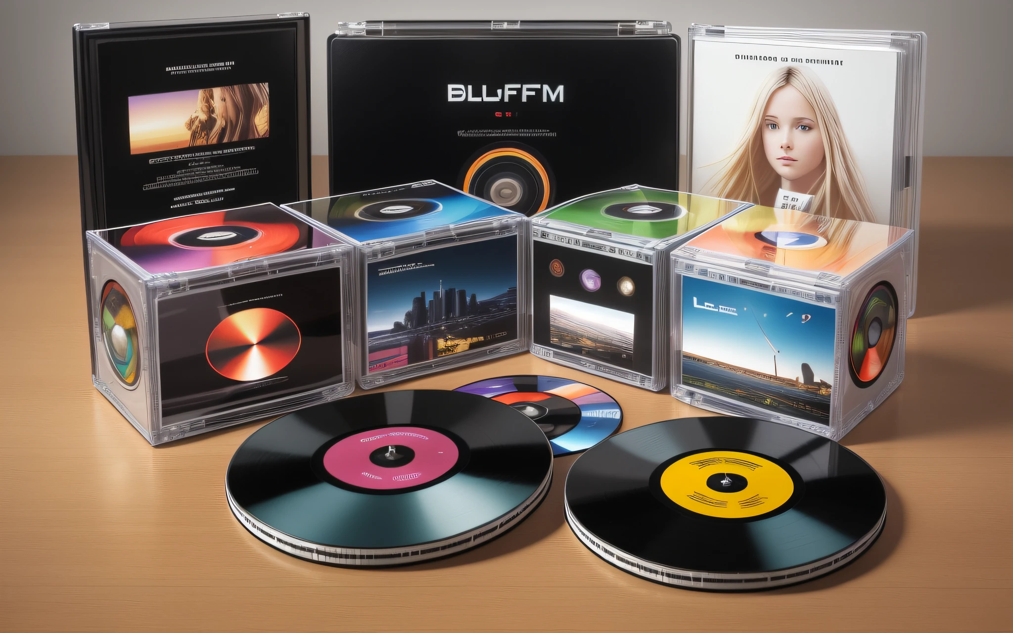 3 BLONDE GIRLS LONG HAIR CHILDREN IN LEATHER JACKET, A closeup of a CD and a CD box on a table, Packshot, CDs, CD Jacket, DVD Package, Medium Close Shot, Detailed Product Image, Medium Wide Shot, Medium Closeup, Close Medium Shot, New Boards of Canada album cover, soft vinyl, round format,  Boards of Canada album cover, BLU - Ray Transfer 5 K, Fujifilm"