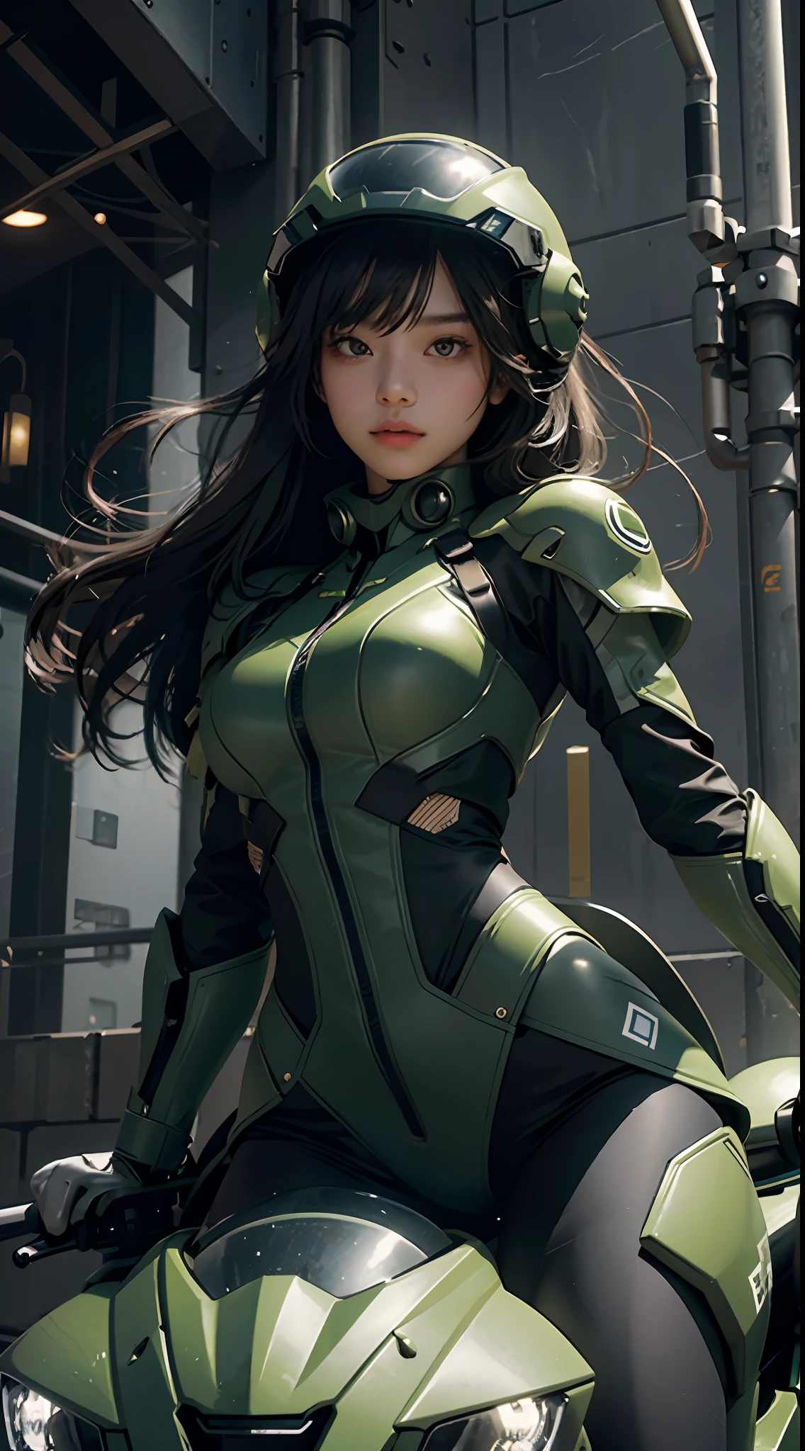 Highest image quality, outstanding details, ultra-high resolution, (realism: 1.4), the best illustration, favor details, highly condensed 1girl, with a delicate and beautiful face, dressed in a black and green mecha, wearing a mecha helmet, holding a directional controller, riding on a motorcycle, the background is a high-tech lighting scene of the future city.
