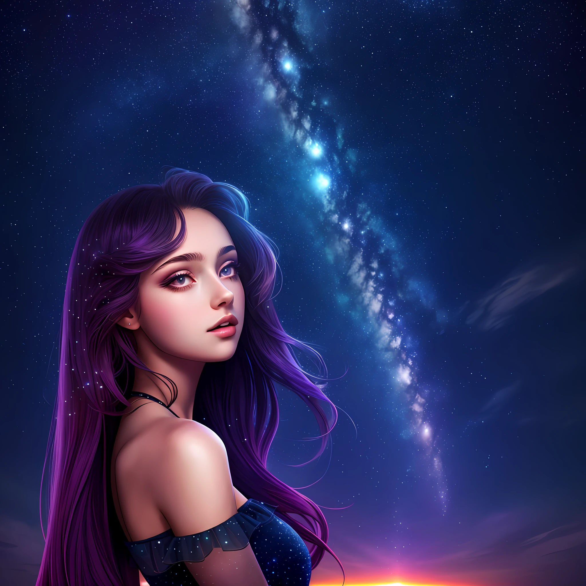 masterpiece, best quality, high quality, absurdres, 1girl, star \(sky\), 1girl, starry sky, sexy dress, solo, long hair, light particles, gradient, gradient background, bare shoulders, night sky