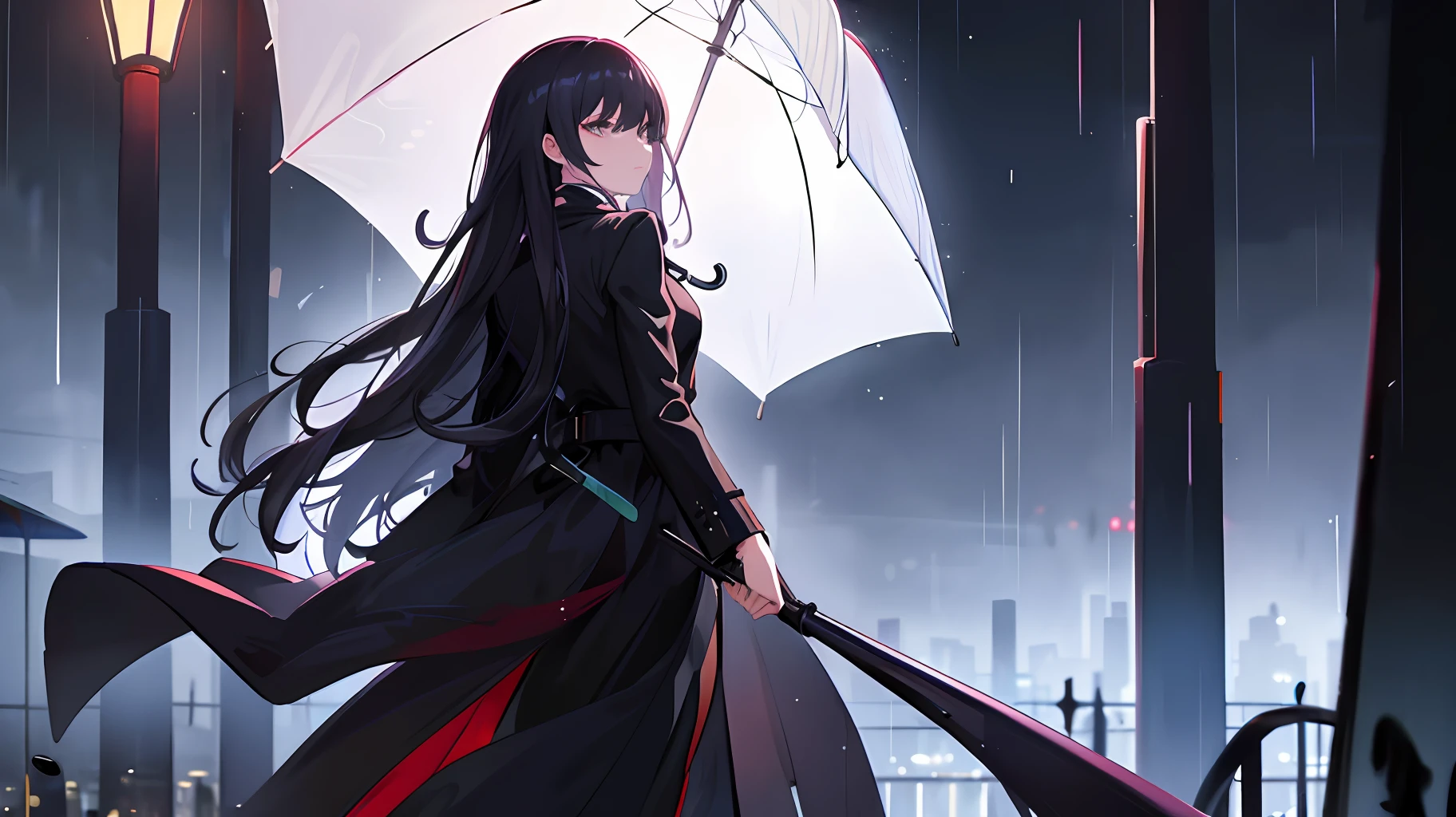 (Masterpiece, High Resolution, Best Quality), 1 Girl, Back, She Wears Long Black Trench Coat, Umbrella, Rain, Night City, Warm Light, Soft Lights, Warm Lights