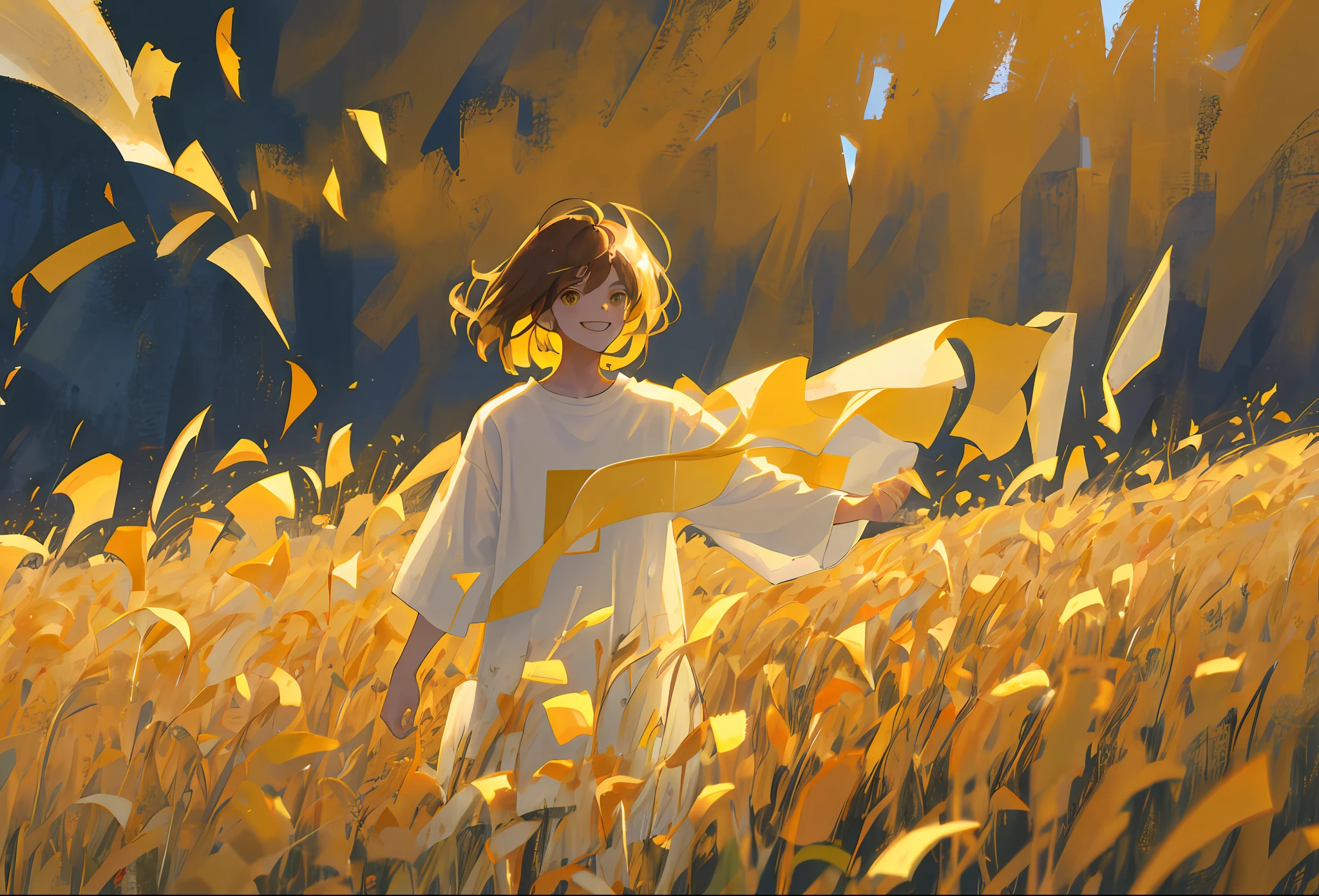 Skin, best quality, high resolution, masterpiece, a skinny brunette boy standing alone, smiling happily, bangs dyed in yellow, slightly longer hair, wearing a white shirt, bust, warm lighting, in the field, youthful, quiet and idyllic, warm glow