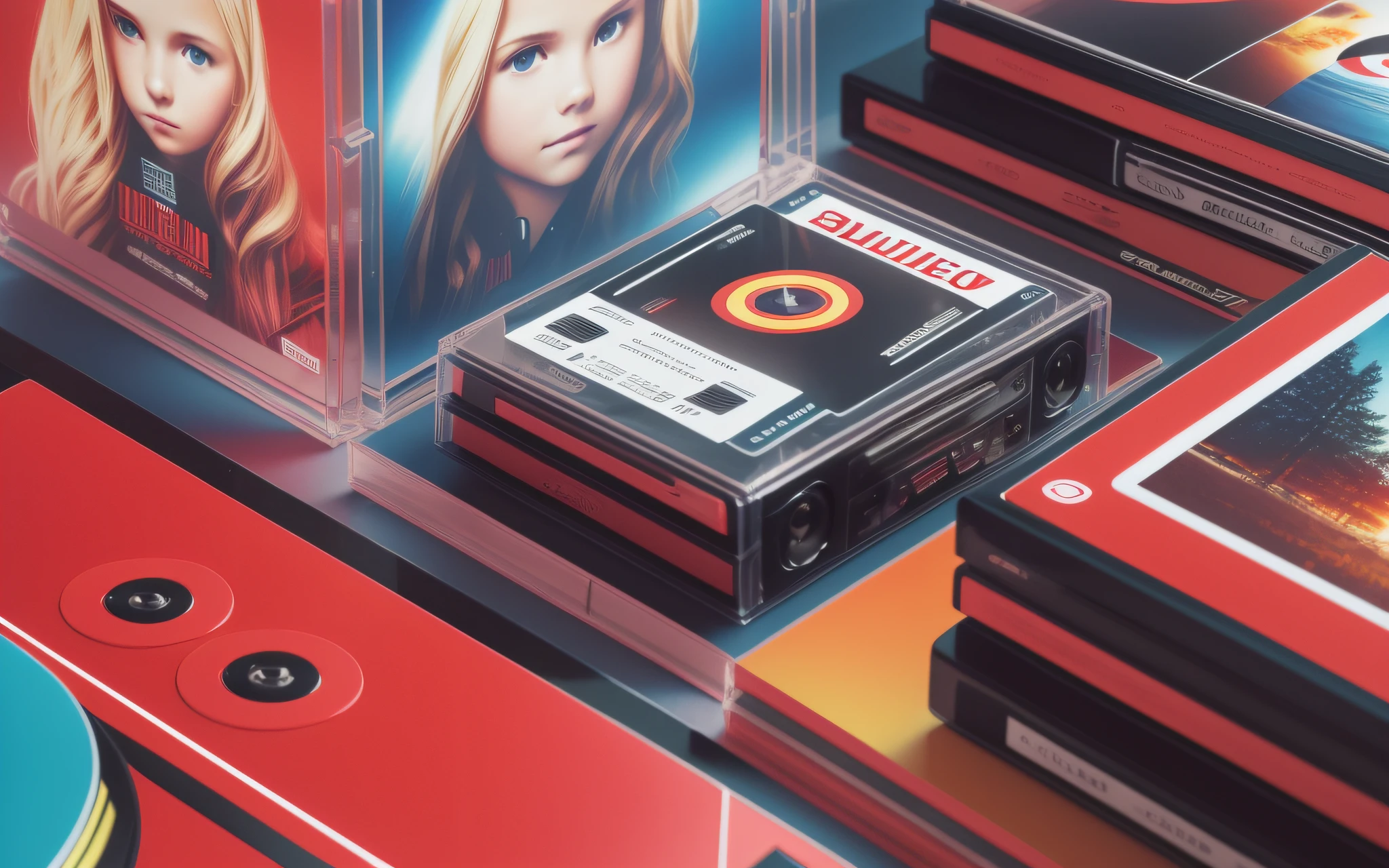 3 GIRLS BLONDE LONG HAIR CHILDREN IN RED LEATHER JACKET, A closeup of a CD and a CD box on a table, Packshot, CDs, CD Jacket, DVD Package, Medium Close Shot, Detailed Product Image, Medium Wide Shot, Medium Closeup, Close Medium Shot, New Boards of Canada album cover, soft vinyl, round format,  Boards of Canada album cover, BLU - Ray Transfer 5 K, Fujifilm"