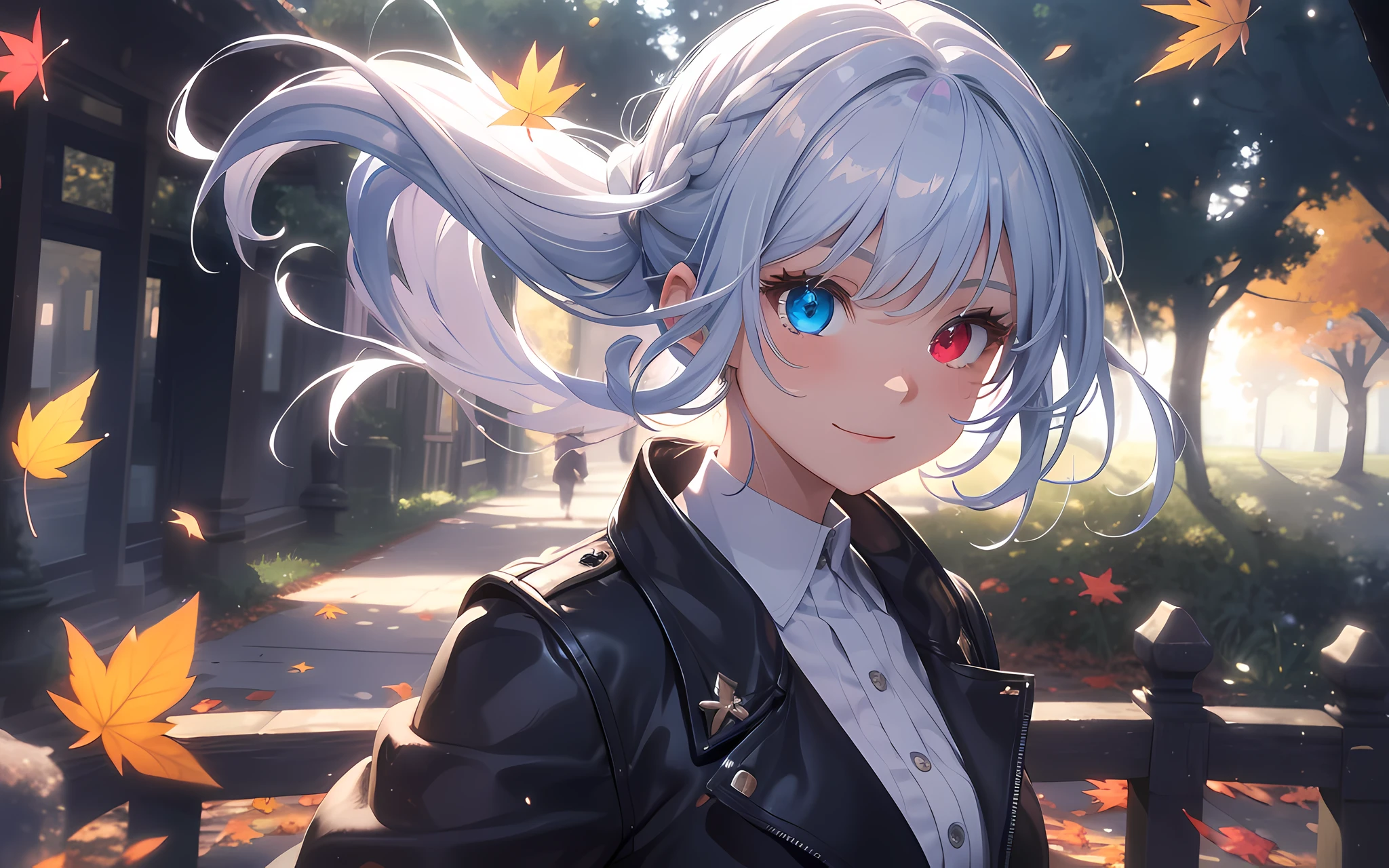 masterpiece, Top Quality, Photorealistic, Ultra detailed, Delicate, Orderly, High Detail, Bluish-silver ponytail, (drooping heterochromia iris:1.3),,10 yearsassing,Smile,Slender,Cowboy shot, Blurred background,(One Girl:1.1),Game CG,Dynamic Angle,(Bioluminescent hair,Glowing eyes:1.2), ambient occlusion,ambient light,ray-traced reflection, glow,glowing aura,glowing hair,autumn leaves,autumn clothes,fluttering fallen leaves,wind,