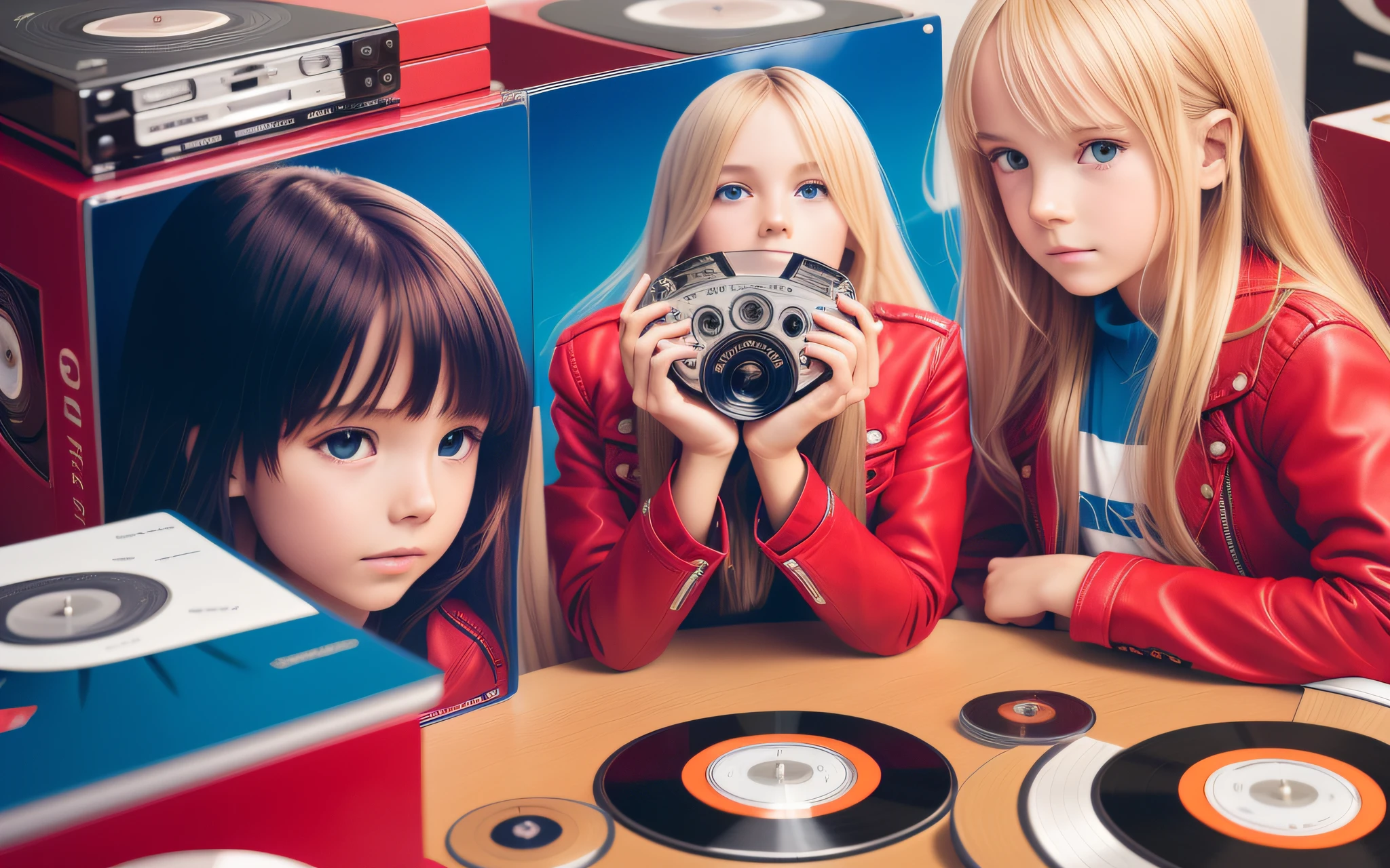 3 GIRLS BLONDE LONG HAIR CHILDREN IN RED LEATHER JACKET, A closeup of a CD and a CD box on a table, Packshot, CDs, CD Jacket, DVD Package, Medium Close Shot, Detailed Product Image, Medium Wide Shot, Medium Closeup, Close Medium Shot, New Boards of Canada album cover, soft vinyl, round format,  Boards of Canada album cover, BLU - Ray Transfer 5 K, Fujifilm"