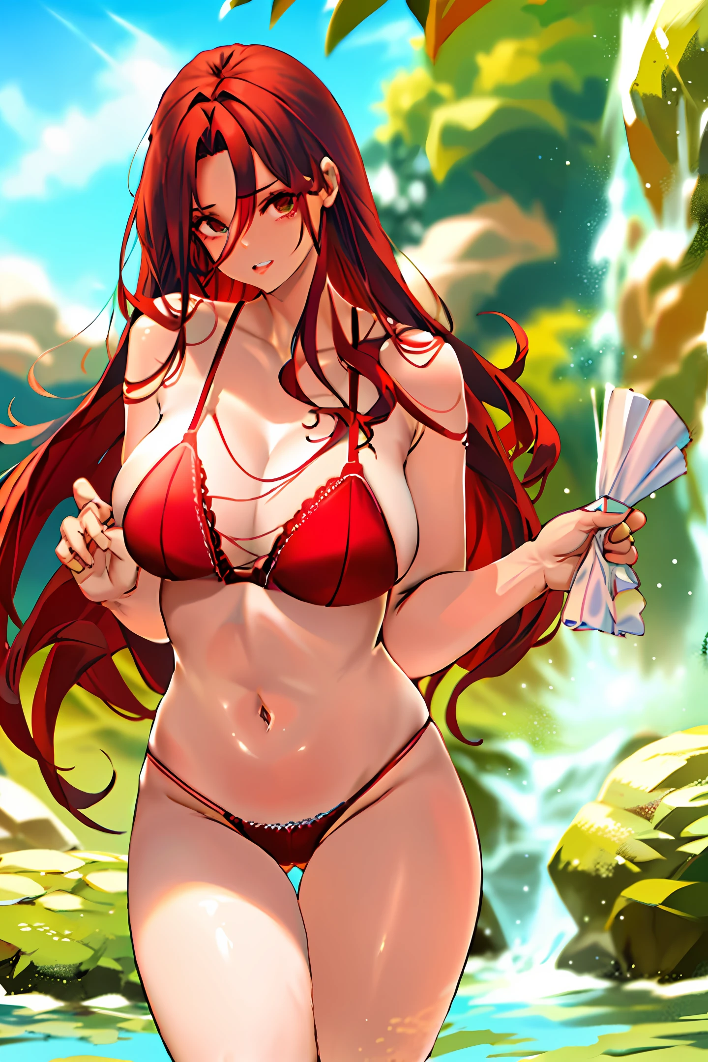 Girl 16 years, big breasts, breasts sticking out of bra, tiny bikini, red bra, shiny skin, dark red hair, long hair, hyper realistic